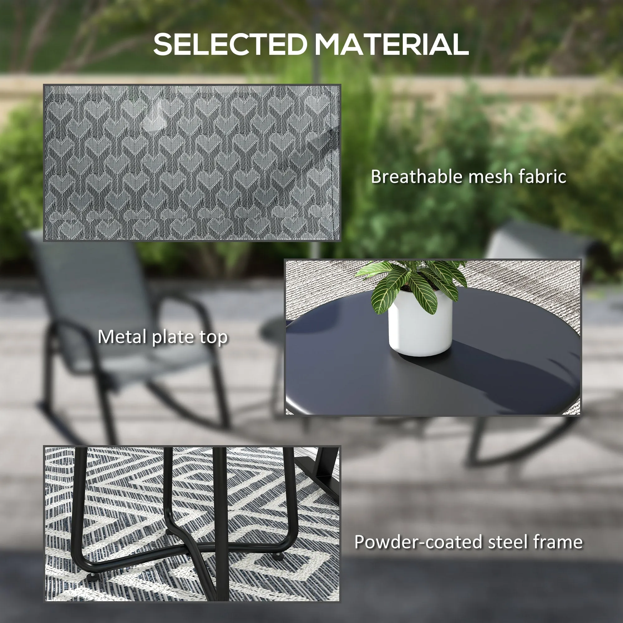 3 Pcs Garden Rocking Set w/ 2 Armchairs, Metal Top Coffee Table, Patio Bistro Set w/ Curved Armrests, Breathable Mesh Fabric Seat, Mixed Grey