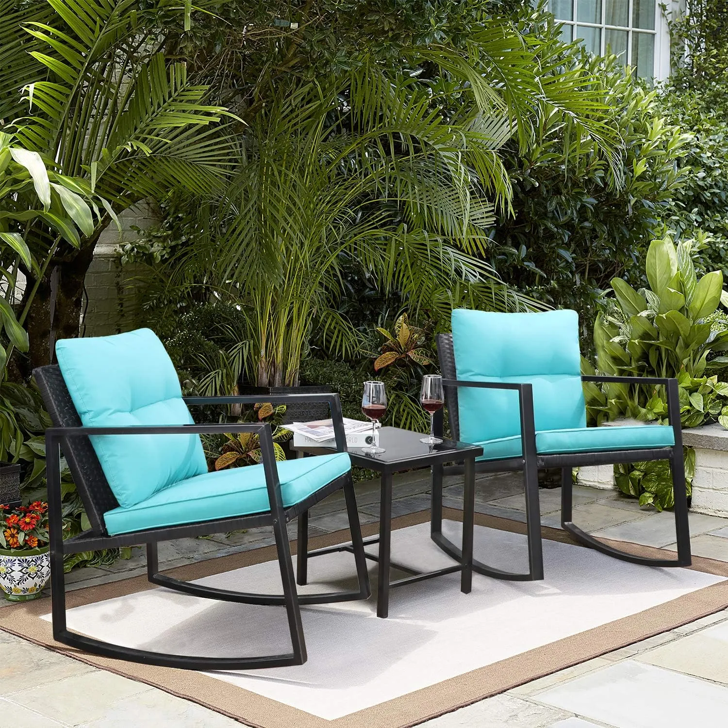 3 Pieces Rocking Wicker Bistro Set, Patio Outdoor Furniture Conversation Sets with Porch Chairs and Glass Coffee Table