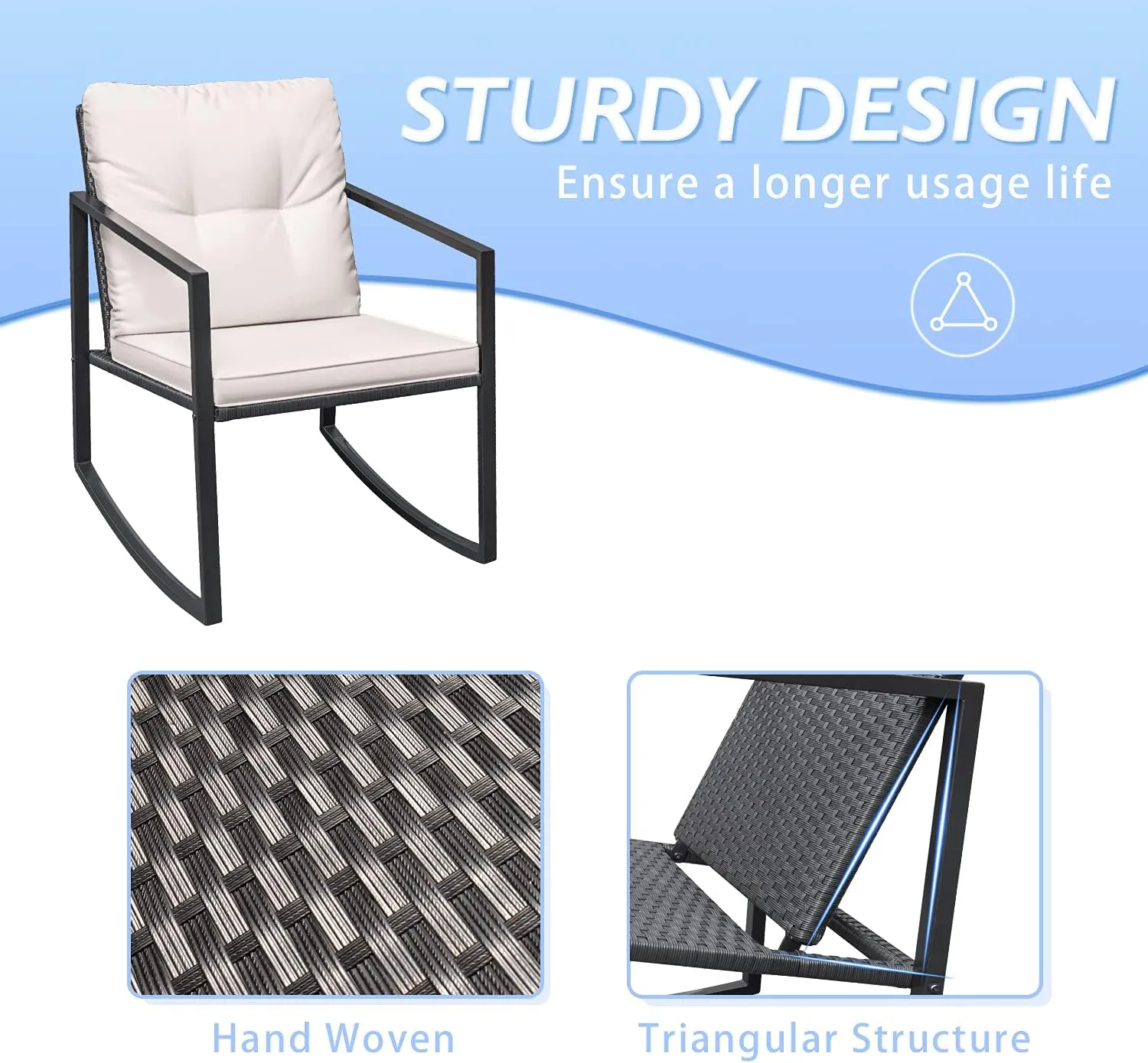 3 Pieces Rocking Wicker Bistro Set, Patio Outdoor Furniture Conversation Sets with Porch Chairs and Glass Coffee Table