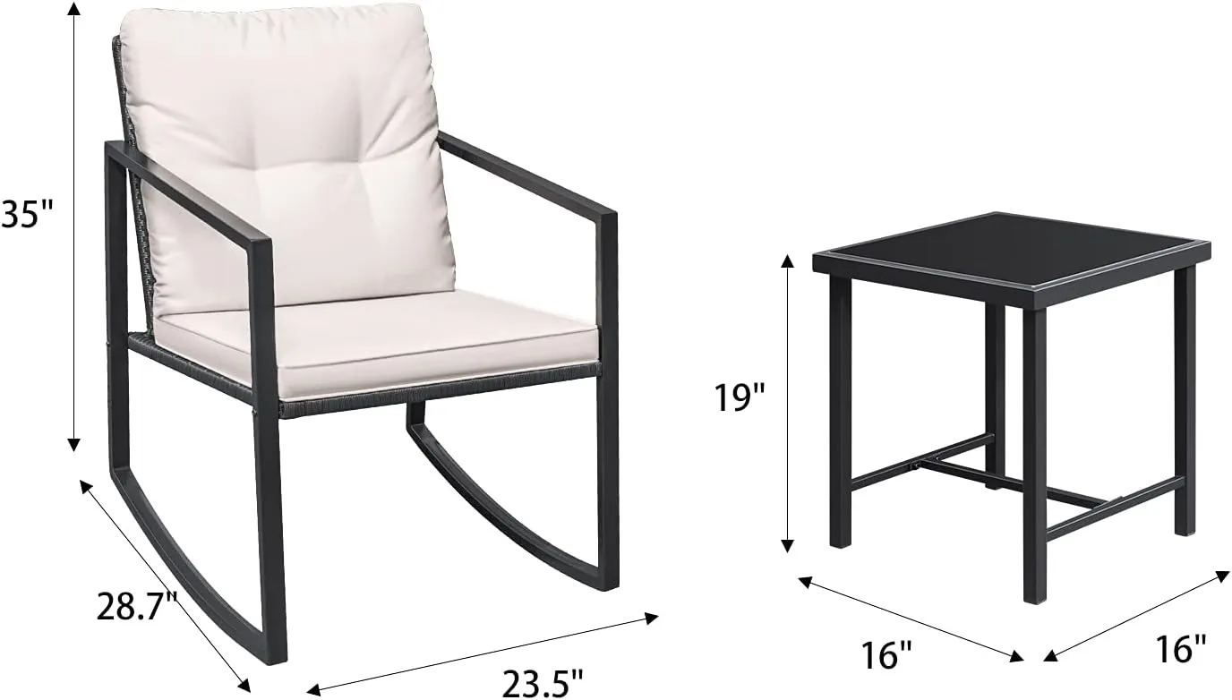 3 Pieces Rocking Wicker Bistro Set, Patio Outdoor Furniture Conversation Sets with Porch Chairs and Glass Coffee Table