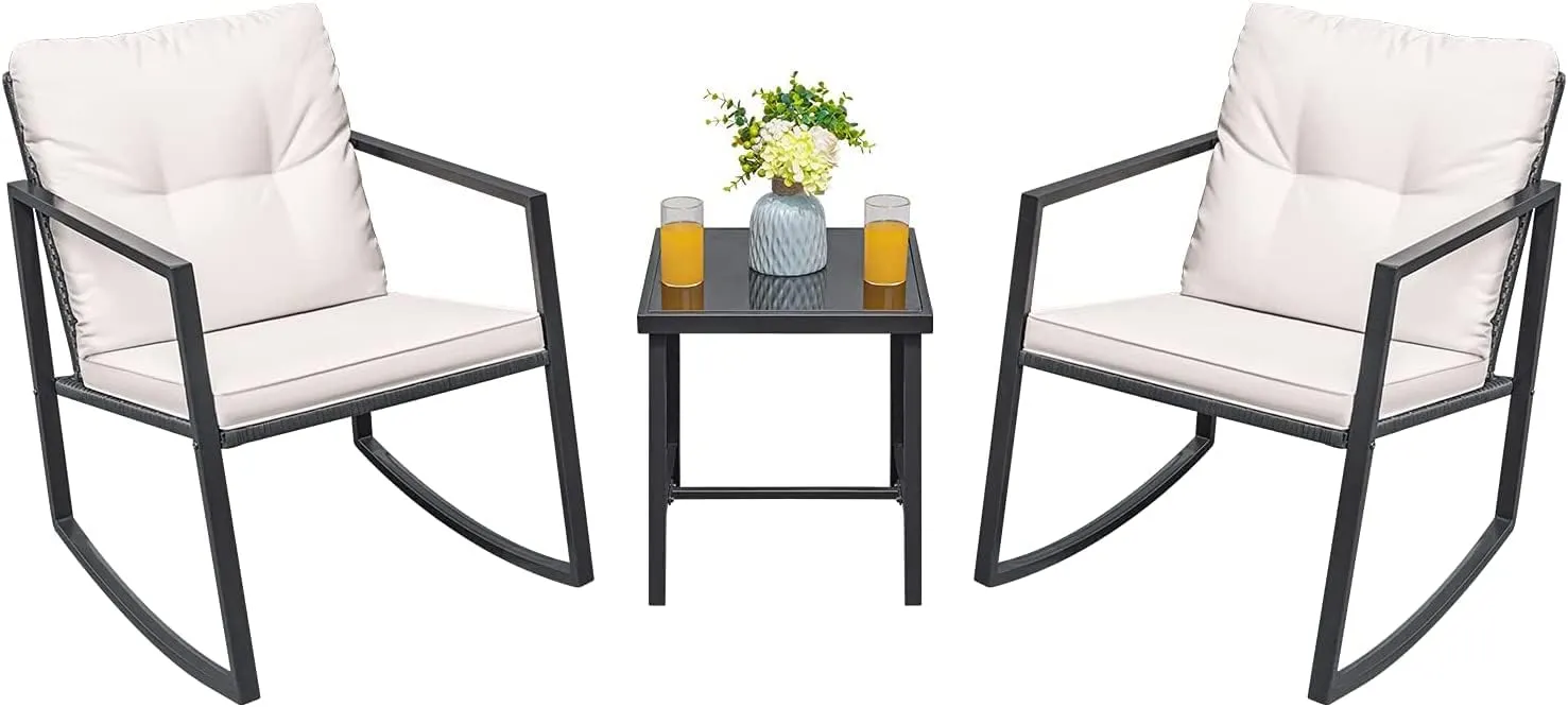 3 Pieces Rocking Wicker Bistro Set, Patio Outdoor Furniture Conversation Sets with Porch Chairs and Glass Coffee Table