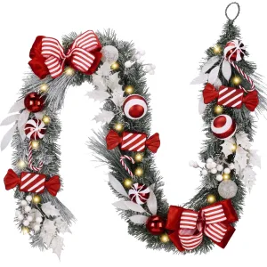 classic Valery Madelyn 6 ft Pre-Lit Christmas Garland Silver Blue Lighted Garland with Bow & Blue Flower & Colorful Ornament Perfect Xmas Holiday Gift for Front Door Mantel Table Top Decoration Red White Garland