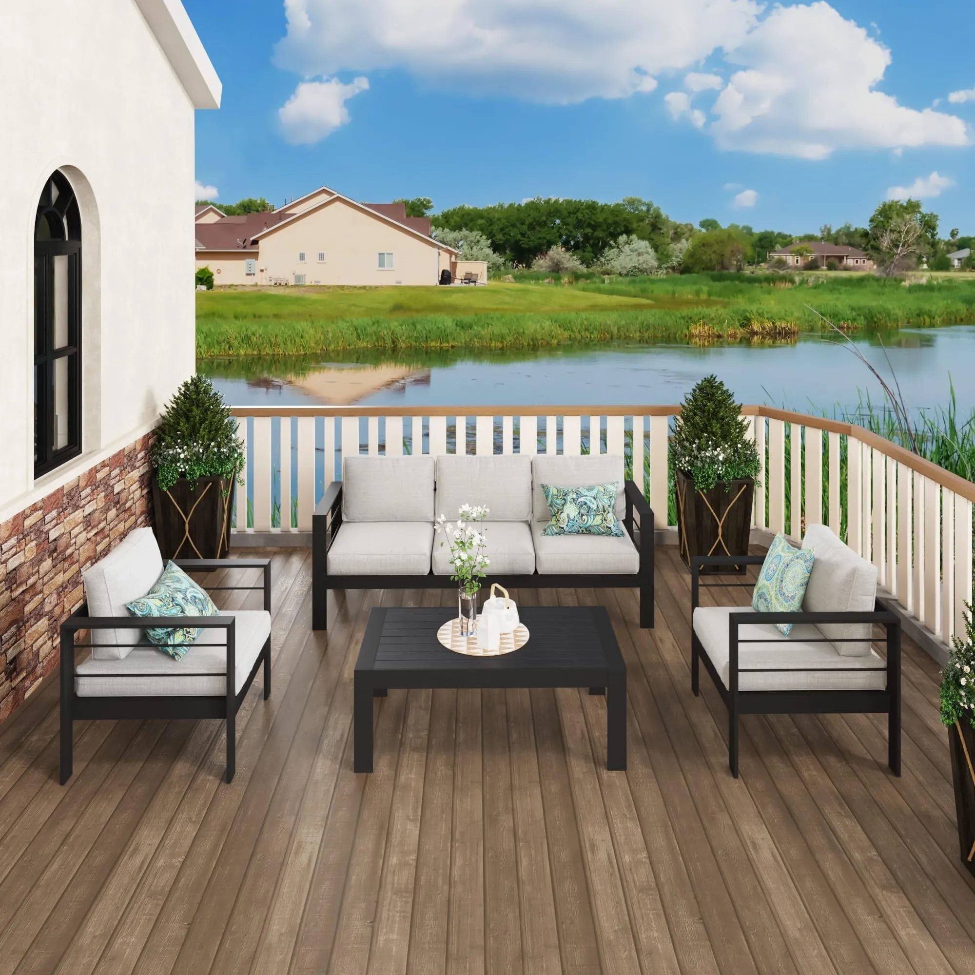 CozyHom 3 Seats Outdoor Patio Metal Sofa Aluminum Sofa Furniture Set, Outside Conversation Couch With Cushions, Gray