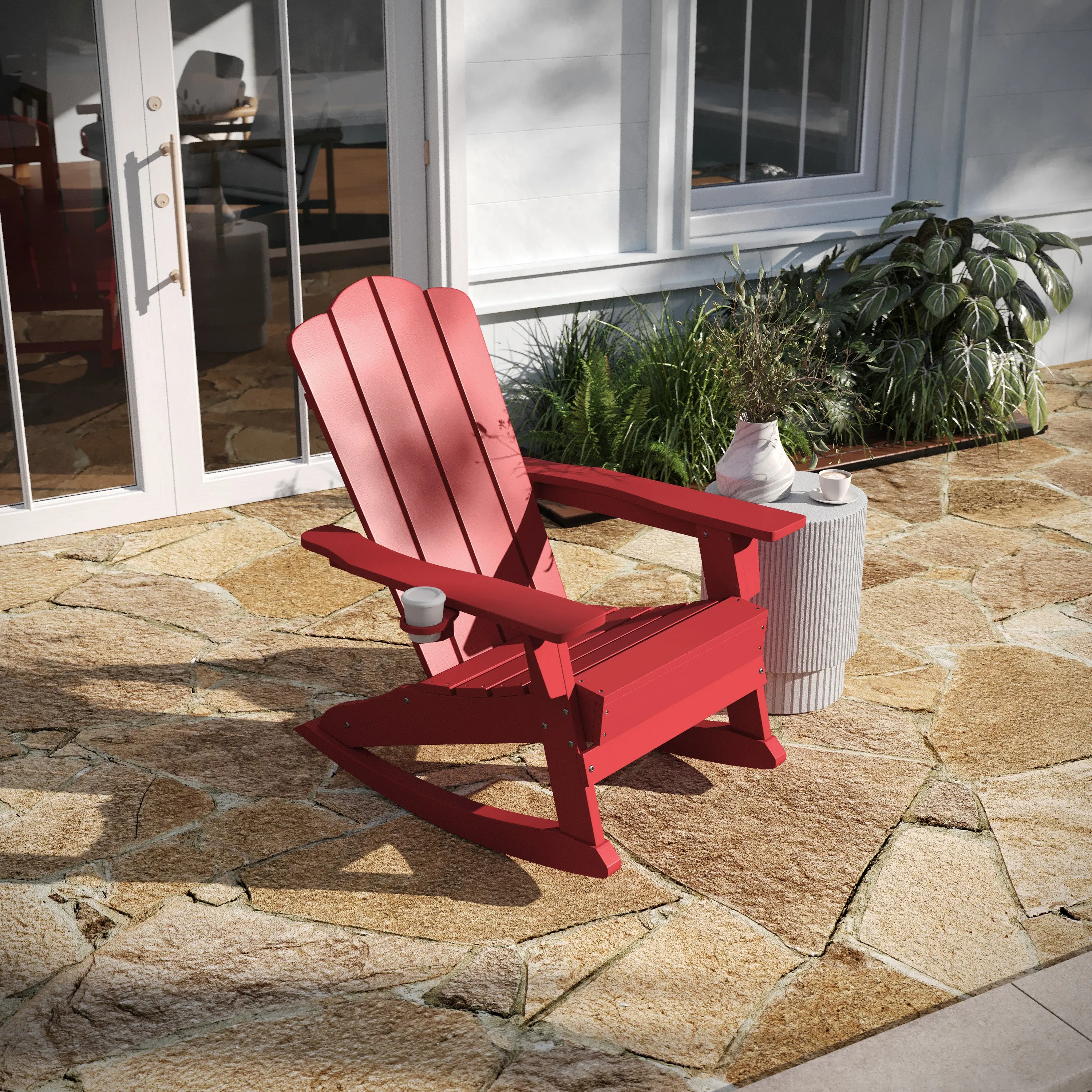 Hedley Adirondack Rocking Chair with Cup Holder, Weather Resistant HDPE Adirondack Rocking Chair, Set of 2