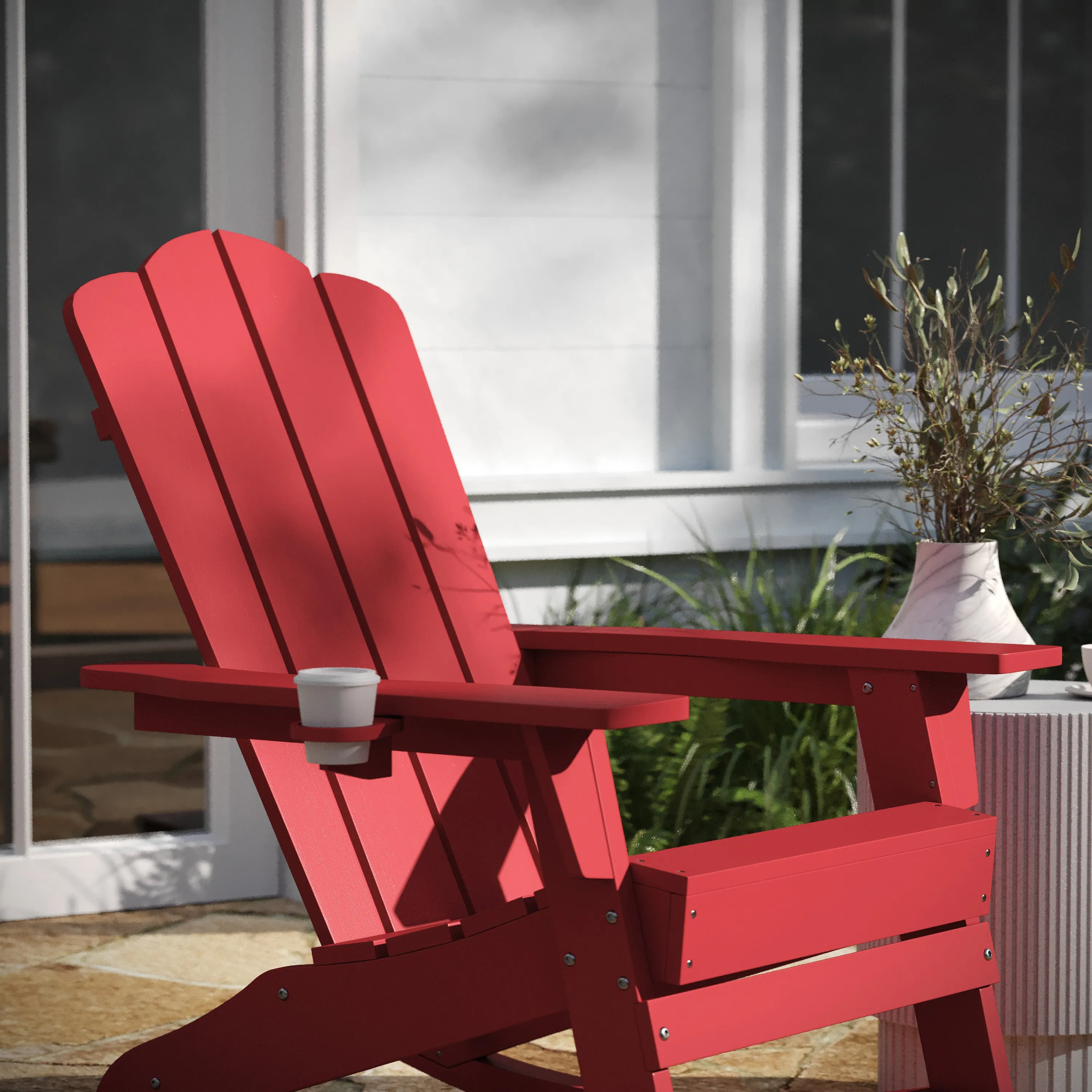 Hedley Adirondack Rocking Chair with Cup Holder, Weather Resistant HDPE Adirondack Rocking Chair, Set of 2