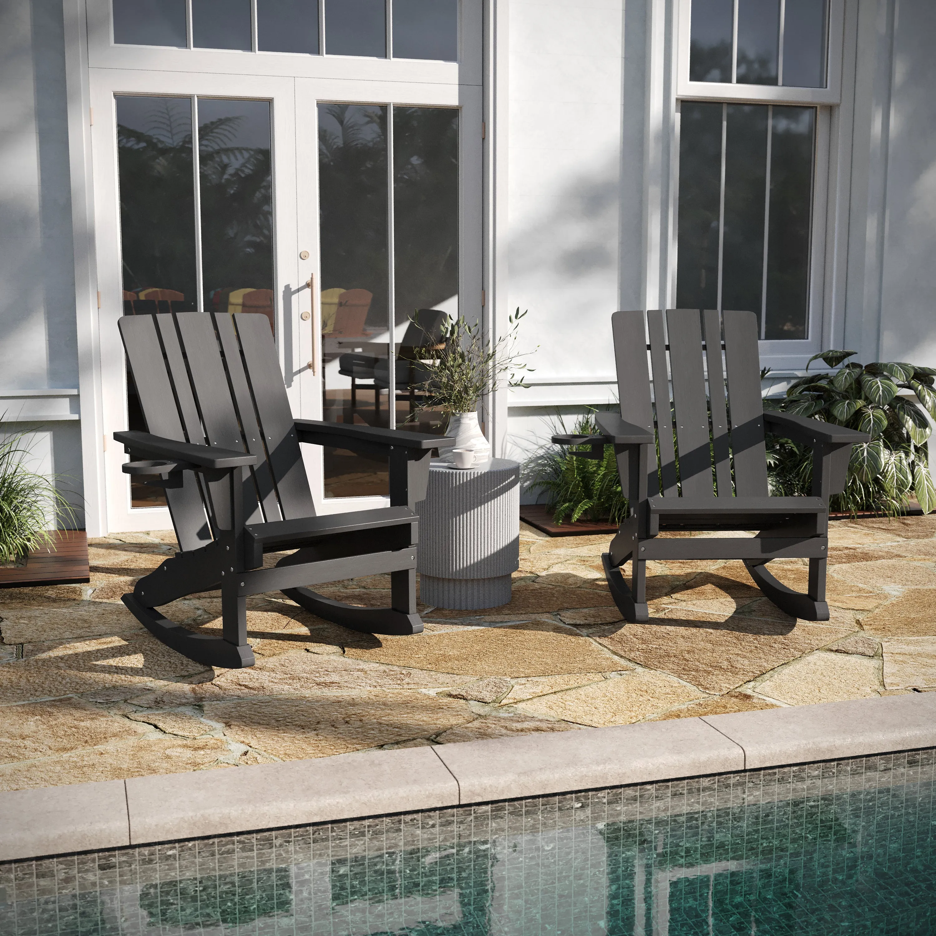 Hedley Adirondack Rocking Chair with Cup Holder, Weather Resistant HDPE Adirondack Rocking Chair, Set of 2