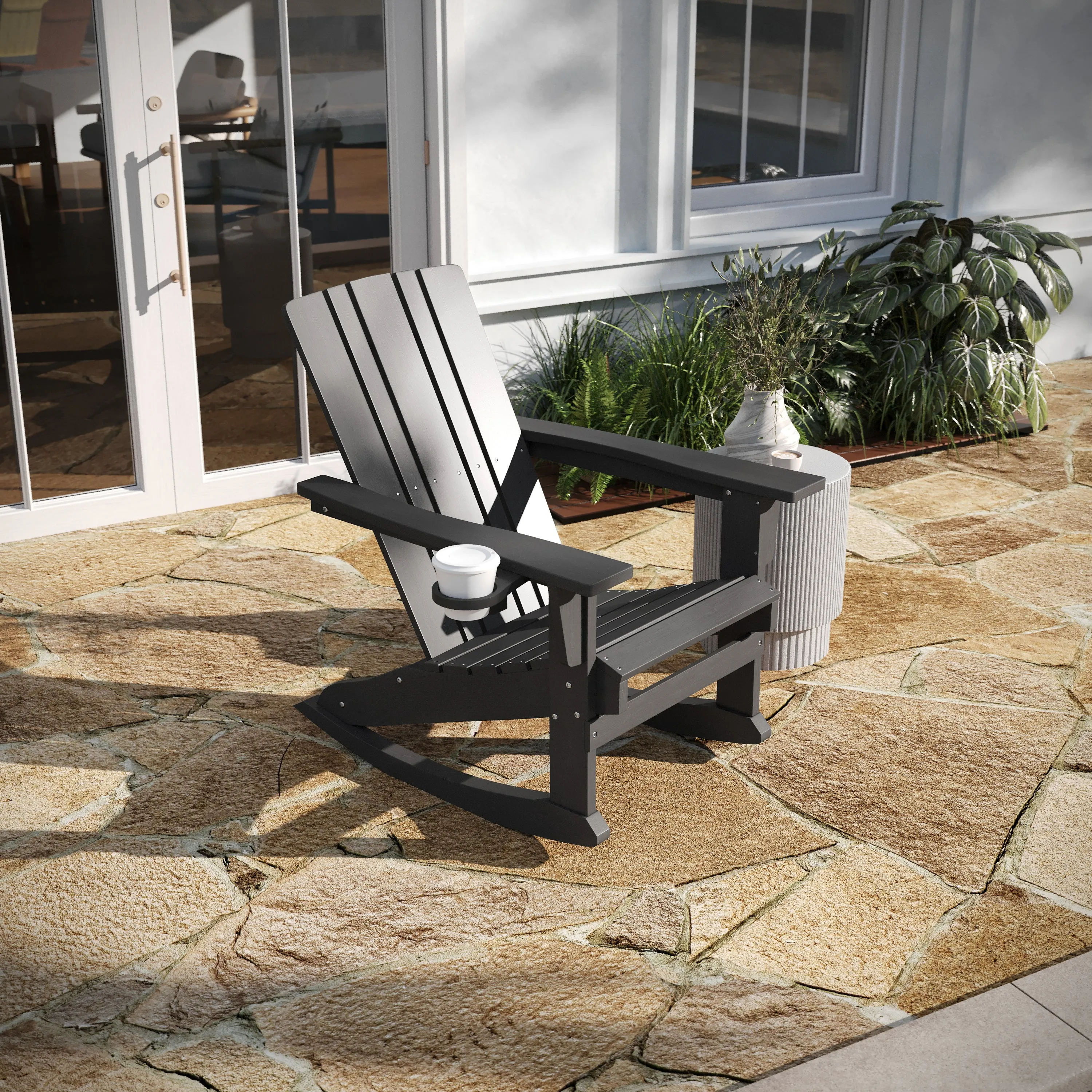 Hedley Adirondack Rocking Chair with Cup Holder, Weather Resistant HDPE Adirondack Rocking Chair, Set of 2