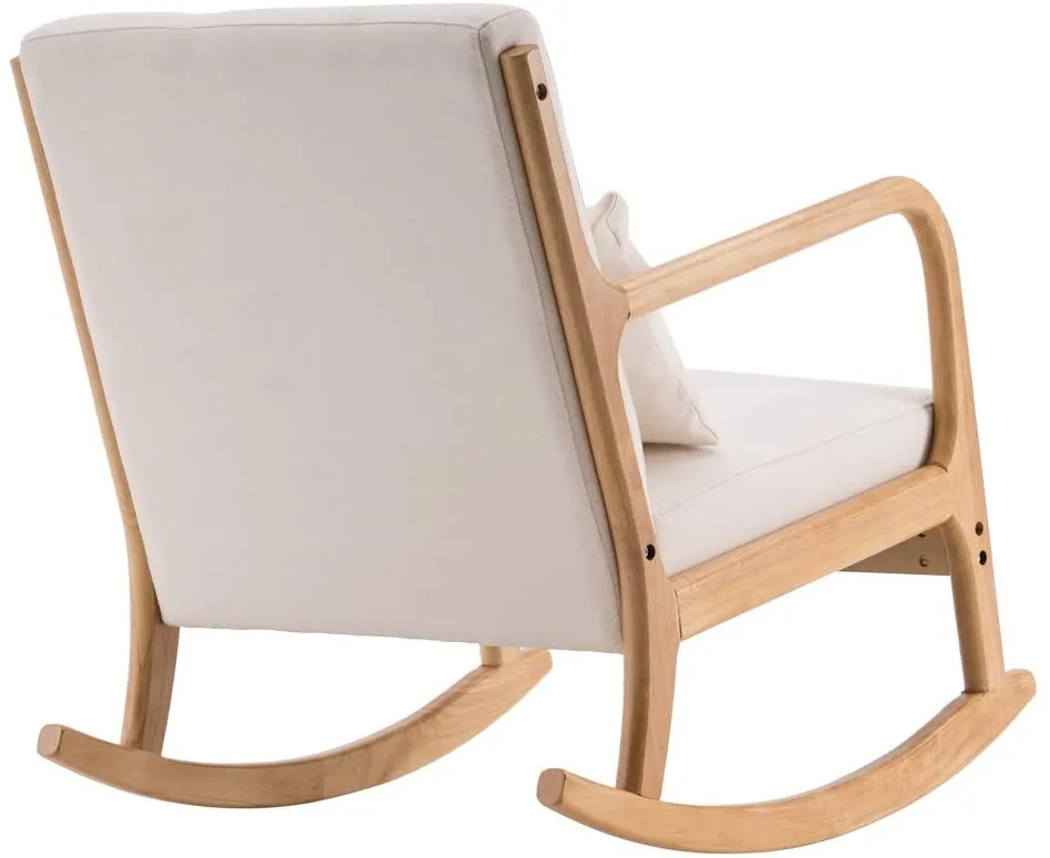 Mid-Century Rocking Chair and Ottoman, Glider Rocker Chair with Thick Padded Cushion and Pillow Linen Accent Chair for Living Room (Beige)
