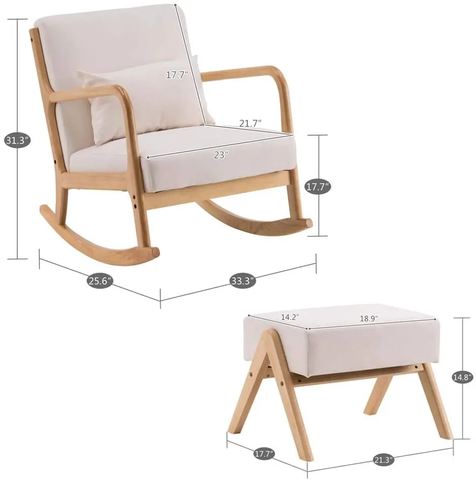 Mid-Century Rocking Chair and Ottoman, Glider Rocker Chair with Thick Padded Cushion and Pillow Linen Accent Chair for Living Room (Beige)