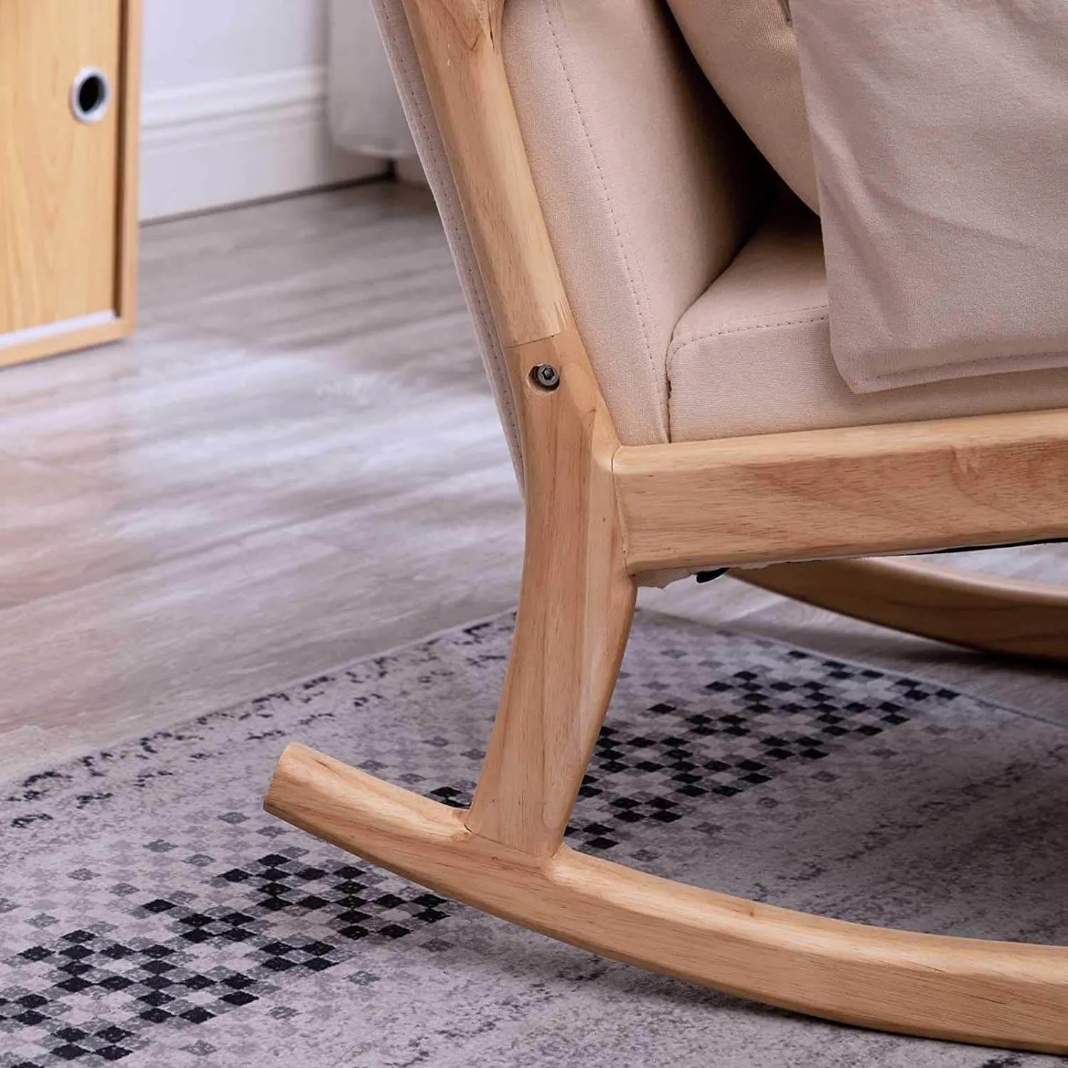 Mid-Century Rocking Chair and Ottoman, Glider Rocker Chair with Thick Padded Cushion and Pillow Linen Accent Chair for Living Room (Beige)