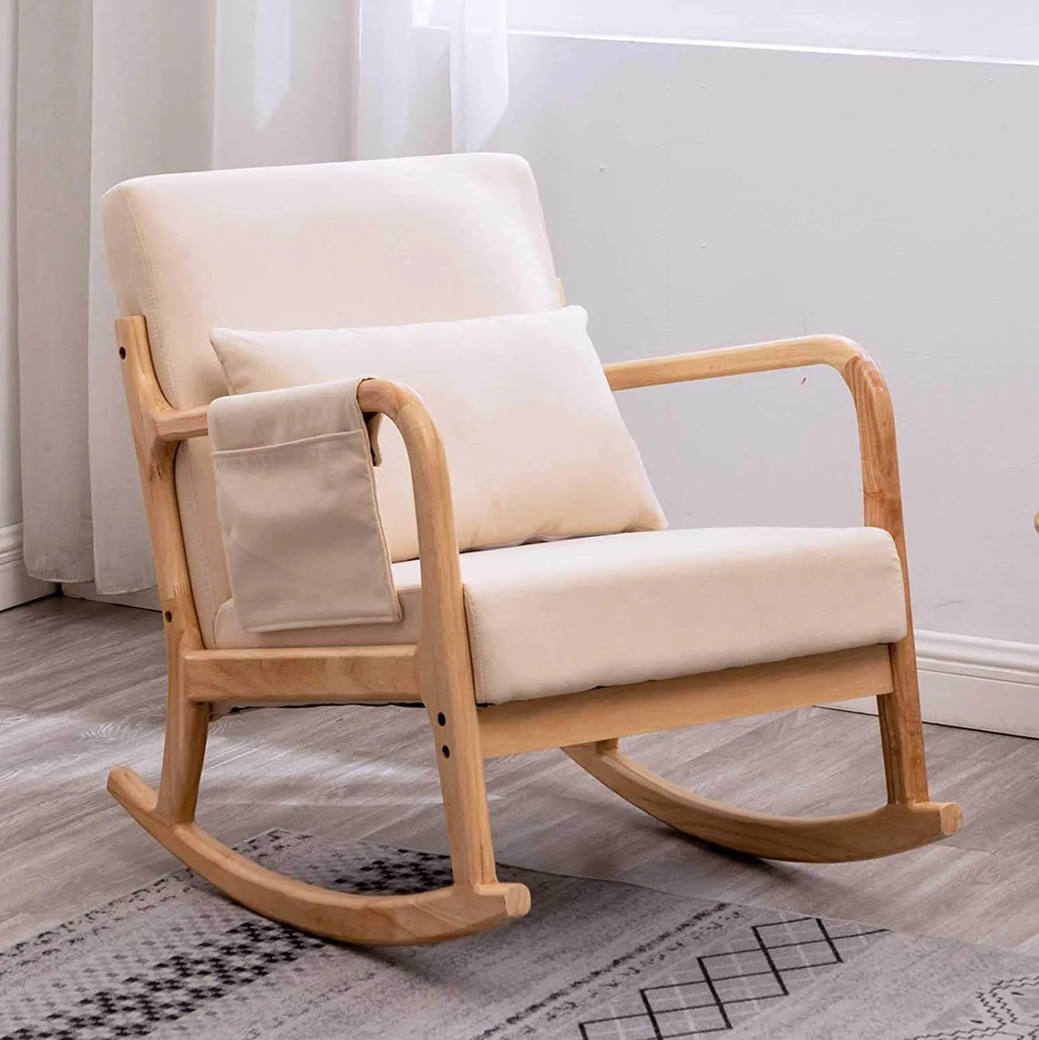 Mid-Century Rocking Chair and Ottoman, Glider Rocker Chair with Thick Padded Cushion and Pillow Linen Accent Chair for Living Room (Beige)