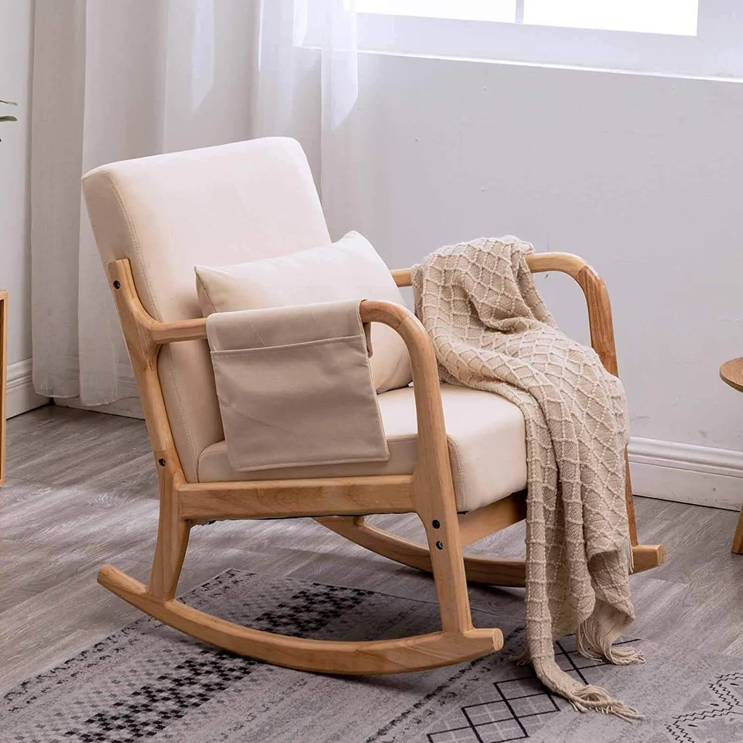 Mid-Century Rocking Chair and Ottoman, Glider Rocker Chair with Thick Padded Cushion and Pillow Linen Accent Chair for Living Room (Beige)