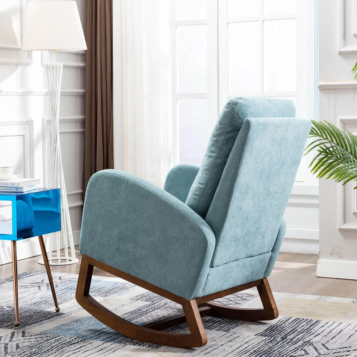 Mid Century Rocking Chair Glider Rocker Armchair Retro Upholstered Indoor Nursery Chair, Light Blue