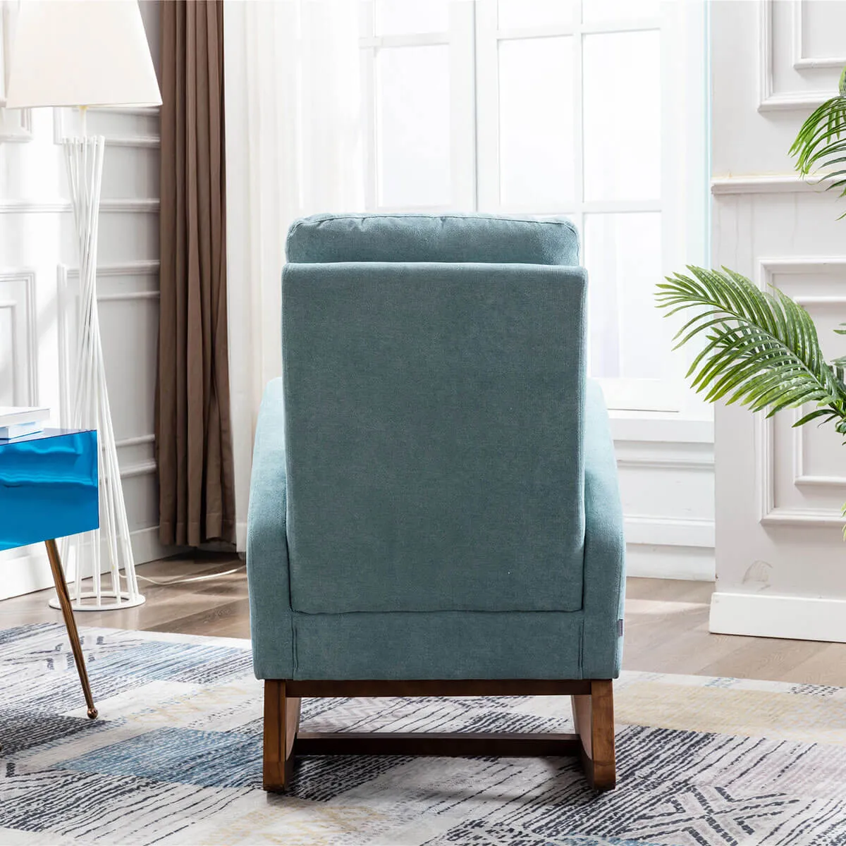 Mid Century Rocking Chair Glider Rocker Armchair Retro Upholstered Indoor Nursery Chair, Light Blue