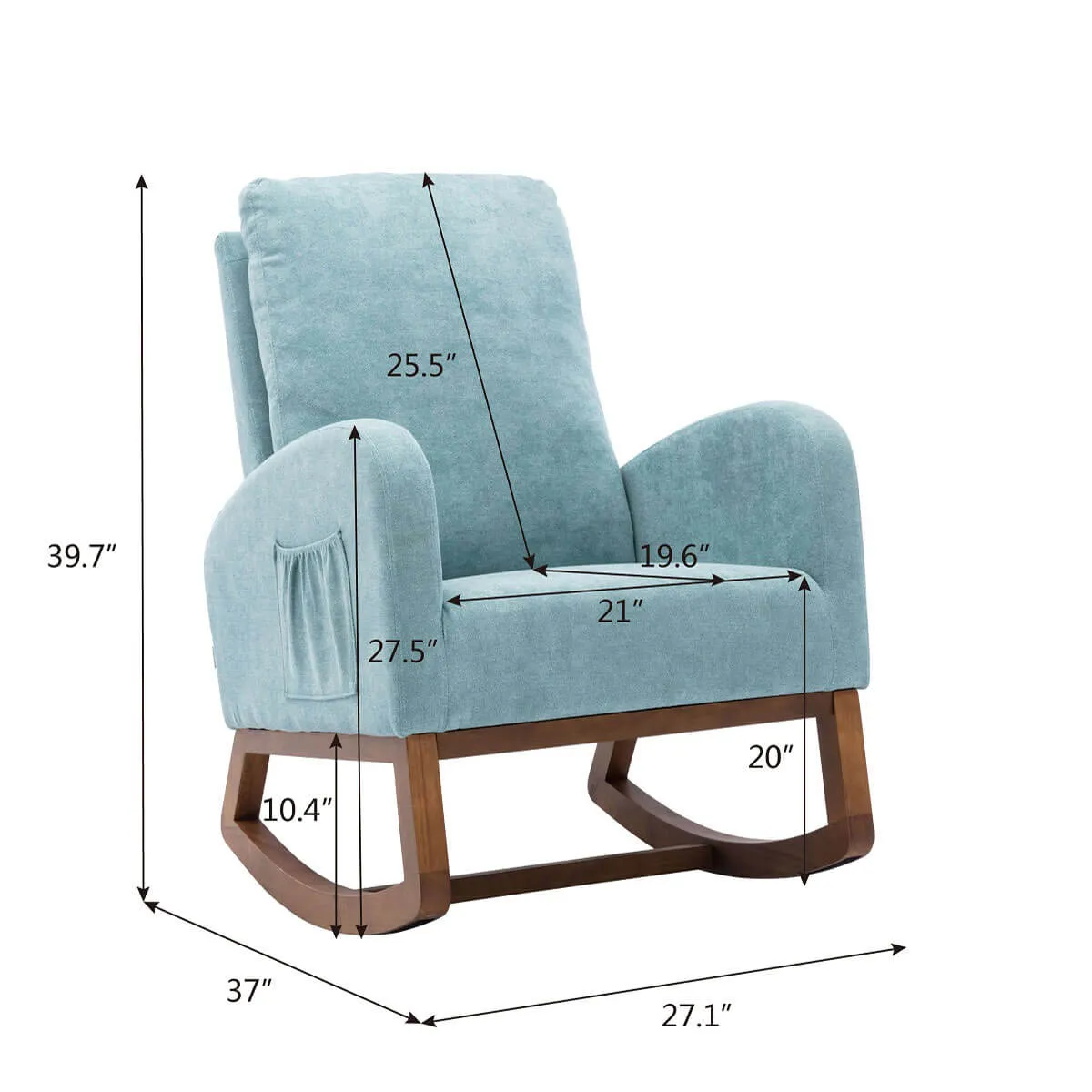 Mid Century Rocking Chair Glider Rocker Armchair Retro Upholstered Indoor Nursery Chair, Light Blue