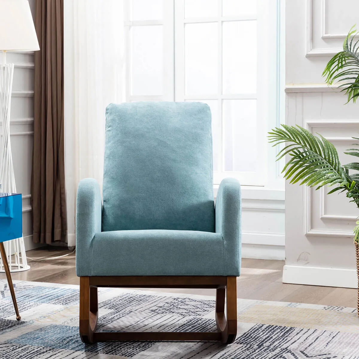 Mid Century Rocking Chair Glider Rocker Armchair Retro Upholstered Indoor Nursery Chair, Light Blue