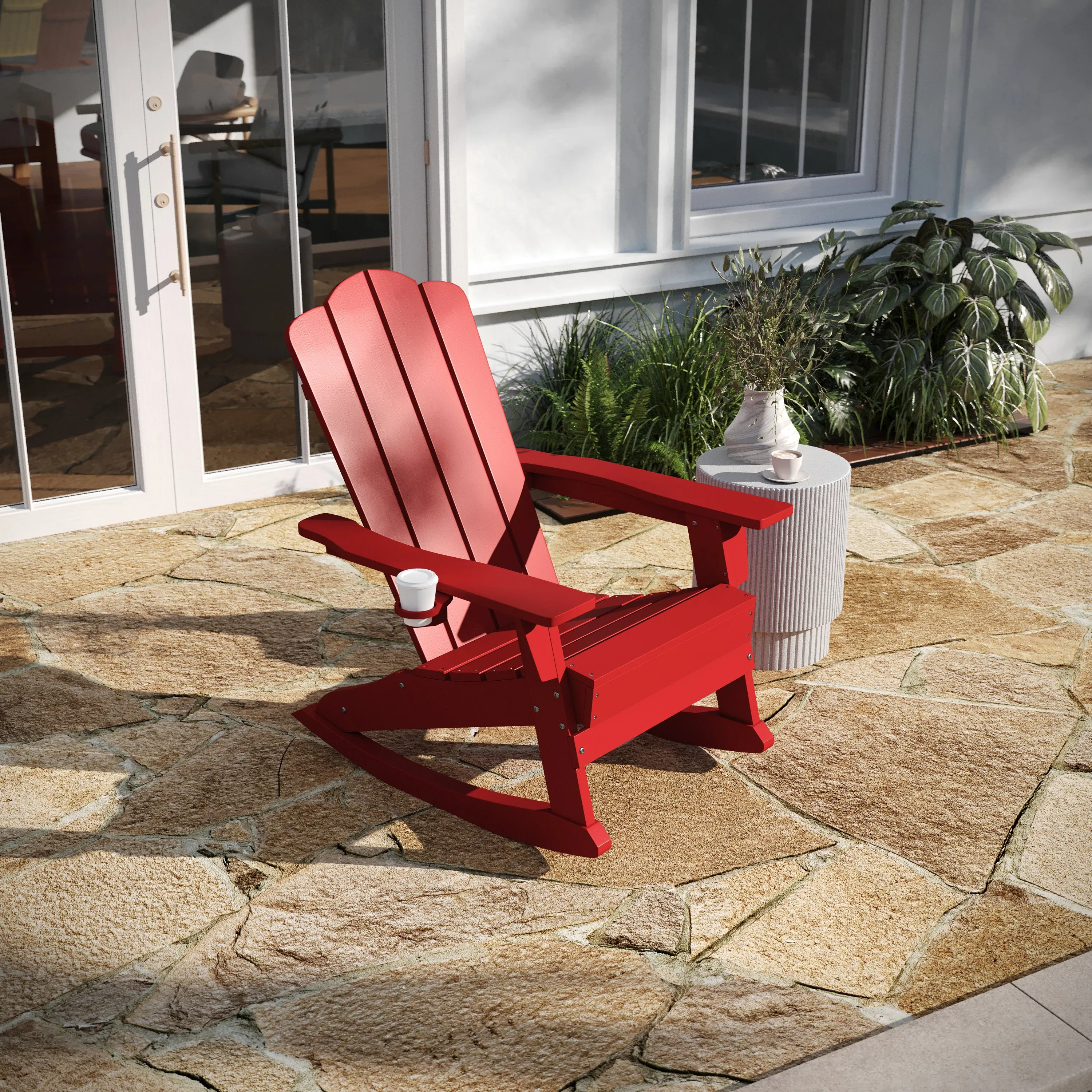 Nellis Adirondack Rocking Chair with Cup Holder, Weather Resistant HDPE Adirondack Rocking Chair