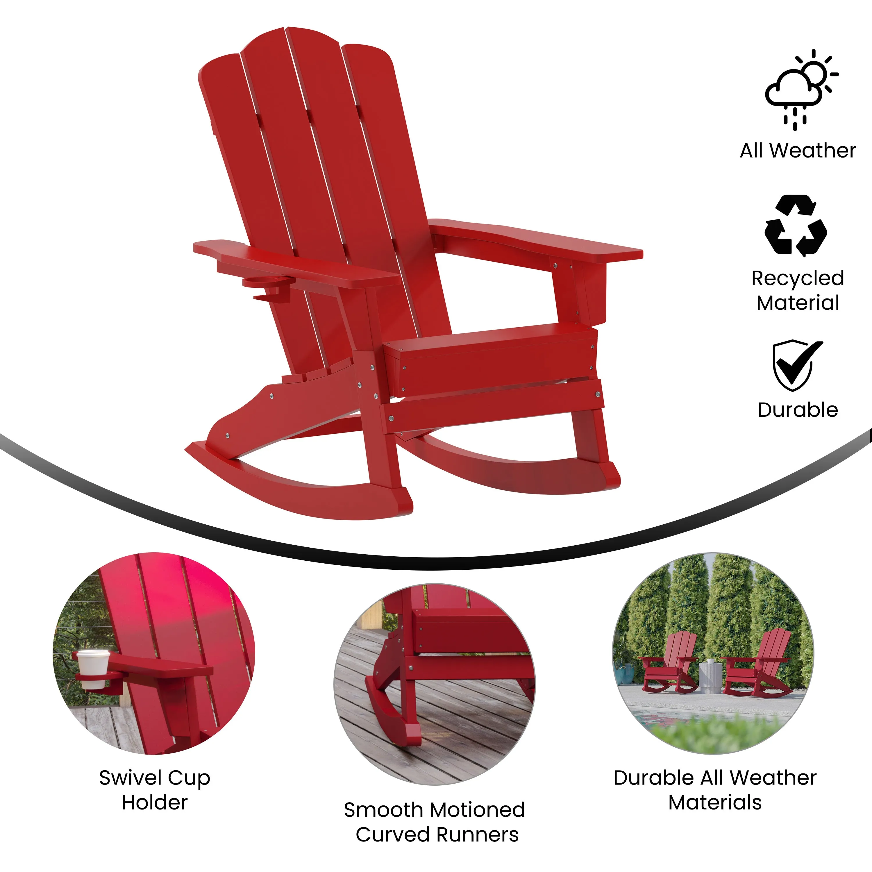 Nellis Adirondack Rocking Chair with Cup Holder, Weather Resistant HDPE Adirondack Rocking Chair