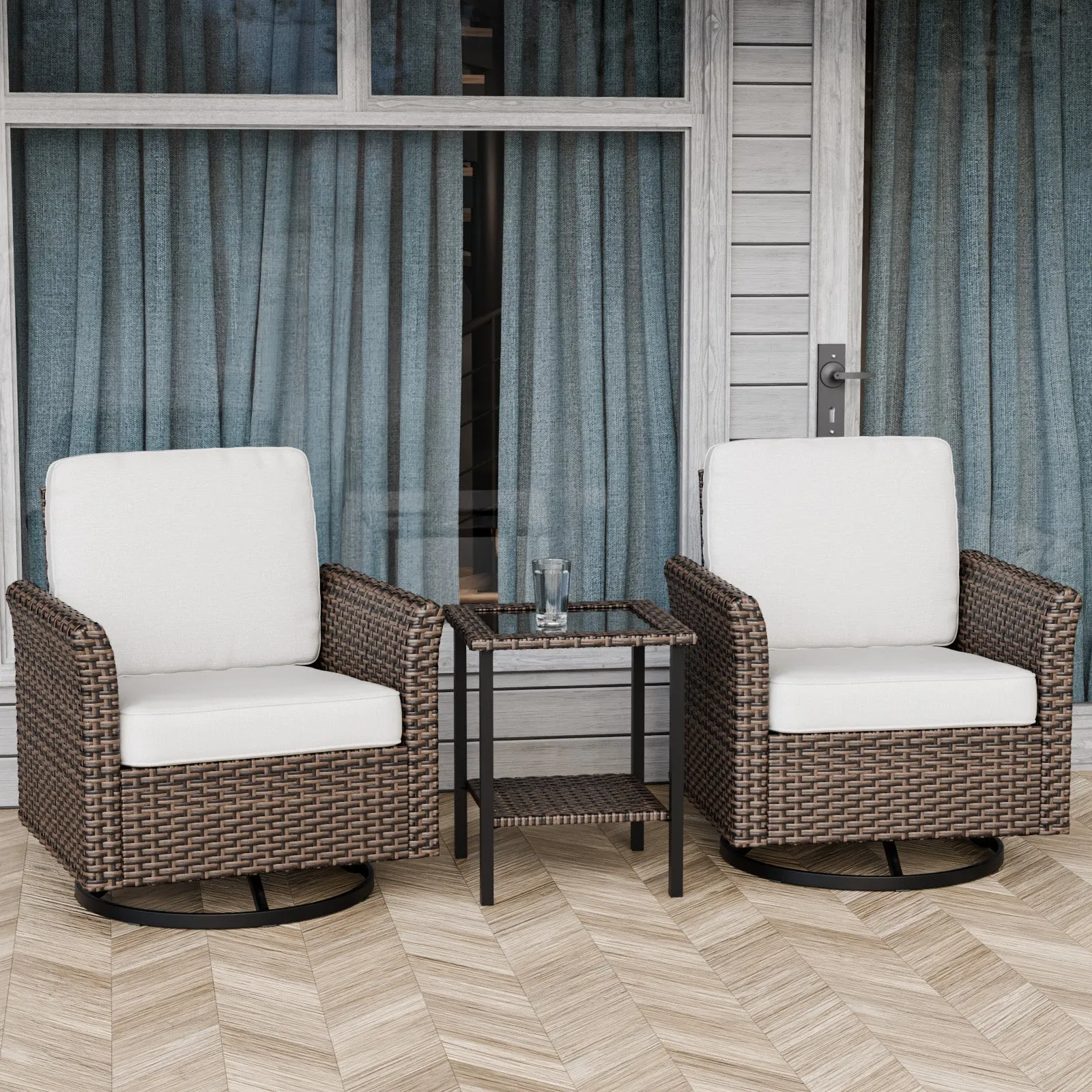 Ocean Vista 3 Piece Outdoor Wicker Bistro Set, Swivel Rocking Chairs with Side Table