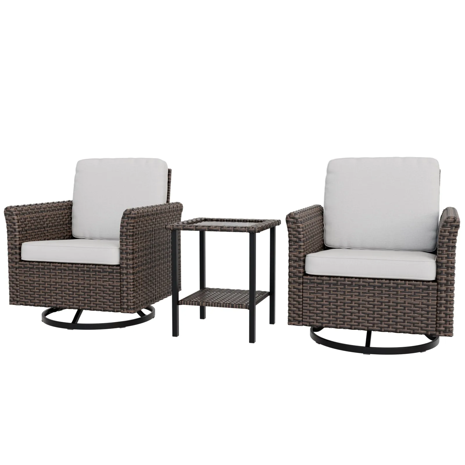 Ocean Vista 3 Piece Outdoor Wicker Bistro Set, Swivel Rocking Chairs with Side Table