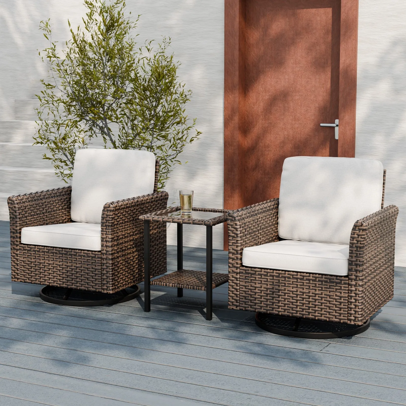 Ocean Vista 3 Piece Outdoor Wicker Bistro Set, Swivel Rocking Chairs with Side Table