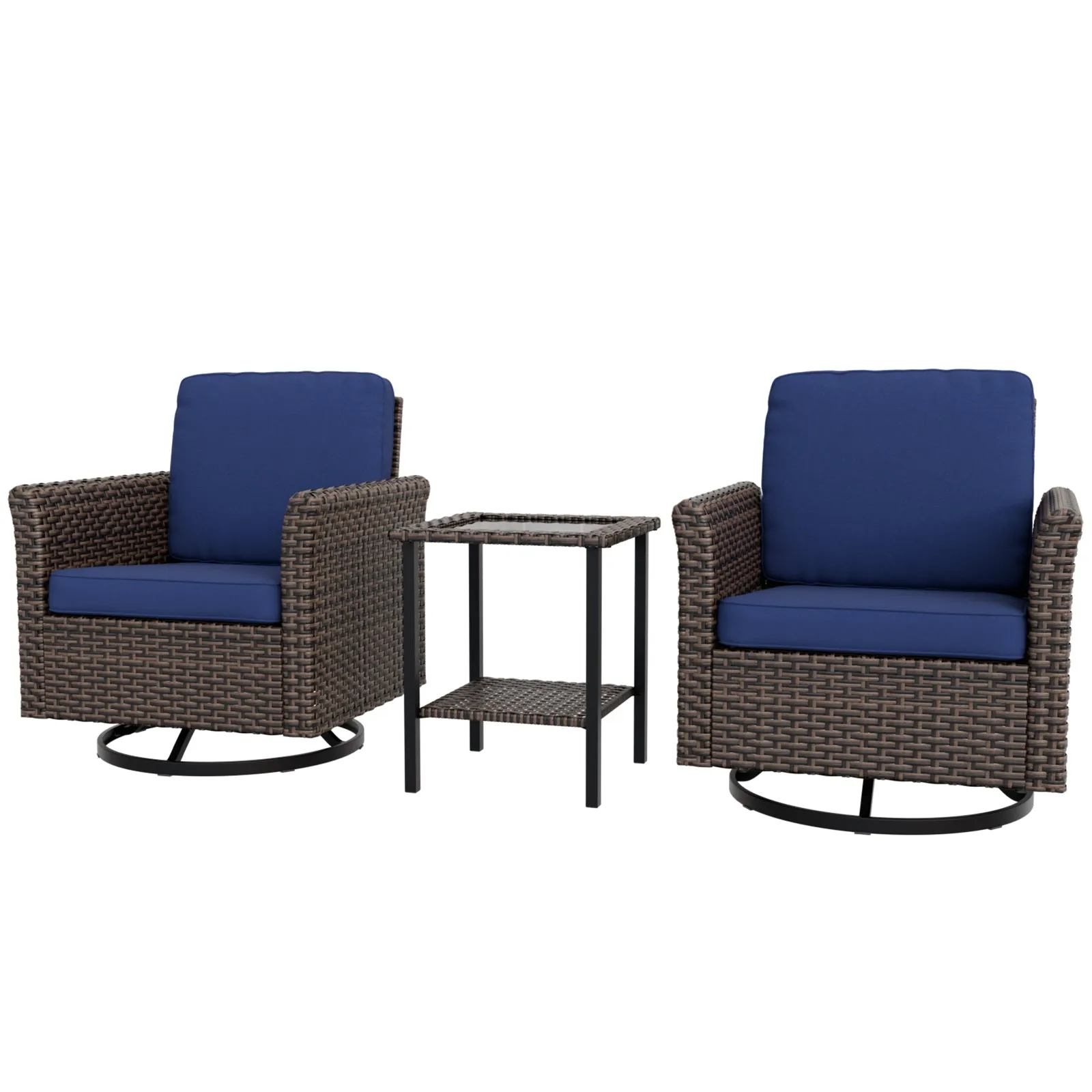 Ocean Vista 3 Piece Outdoor Wicker Bistro Set, Swivel Rocking Chairs with Side Table