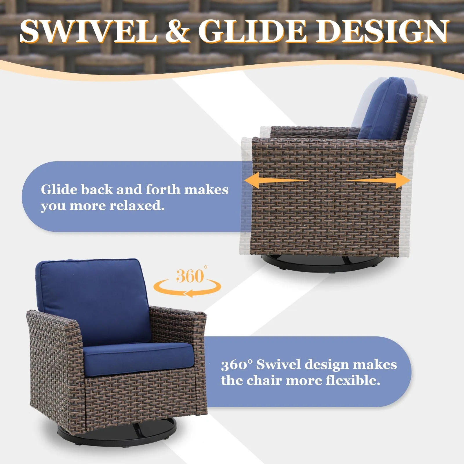 Ocean Vista 3 Piece Outdoor Wicker Bistro Set, Swivel Rocking Chairs with Side Table