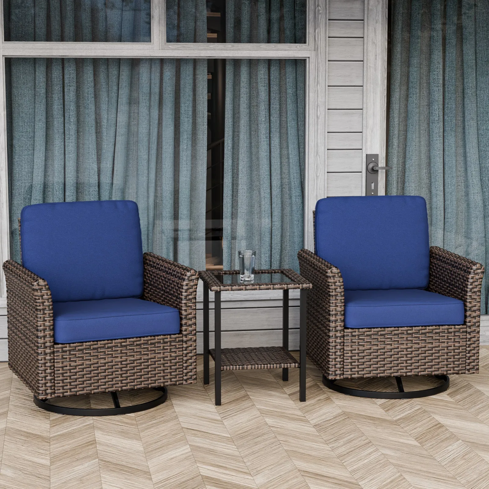 Ocean Vista 3 Piece Outdoor Wicker Bistro Set, Swivel Rocking Chairs with Side Table
