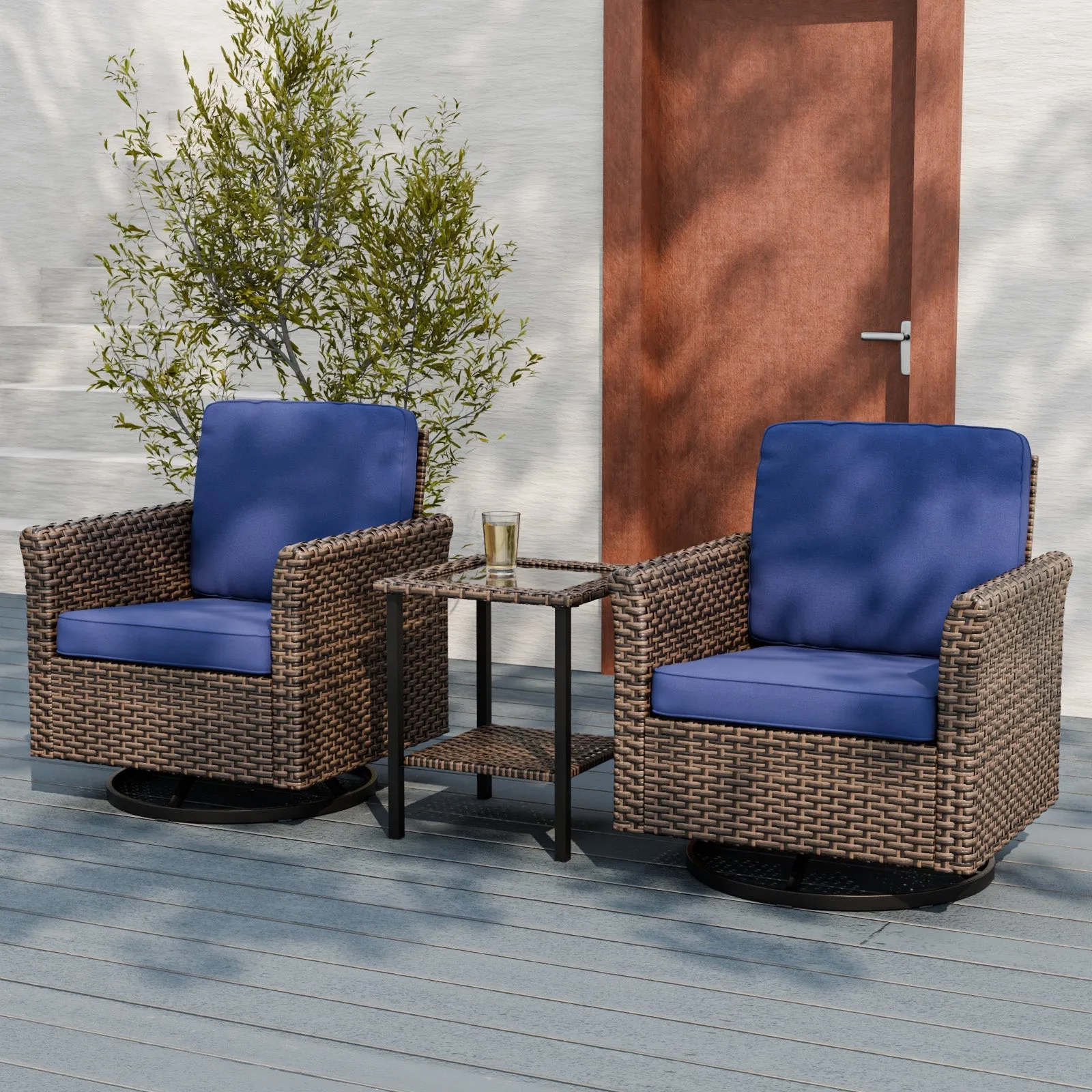 Ocean Vista 3 Piece Outdoor Wicker Bistro Set, Swivel Rocking Chairs with Side Table