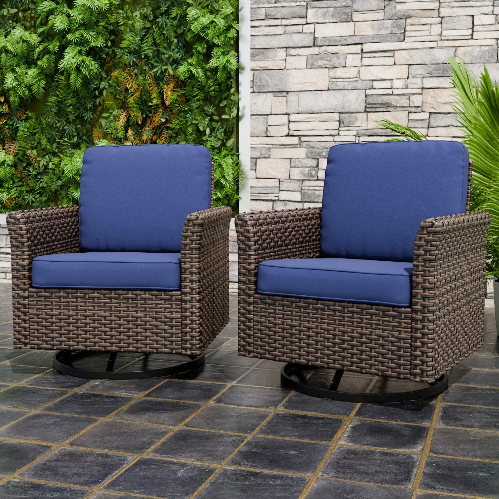 Ocean Vista Outdoor Wicker Patio Rattan Chairs , Set of 2 Swivel Rocking Chairs