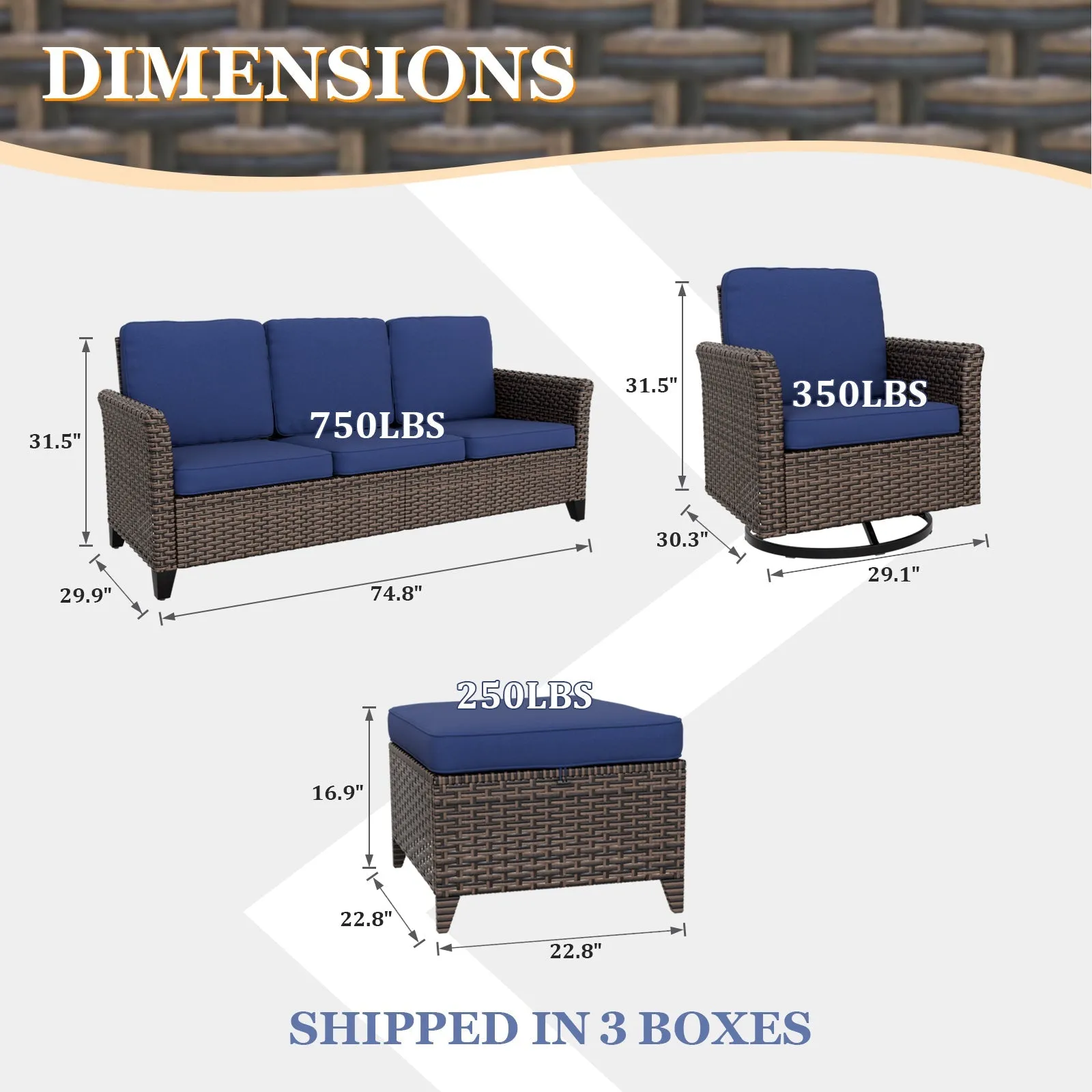 Ocean Vista Wicker Outdoor Patio Furniture Set, w/ 3 Seat Sofa, Patio Chairs, 5 Piece