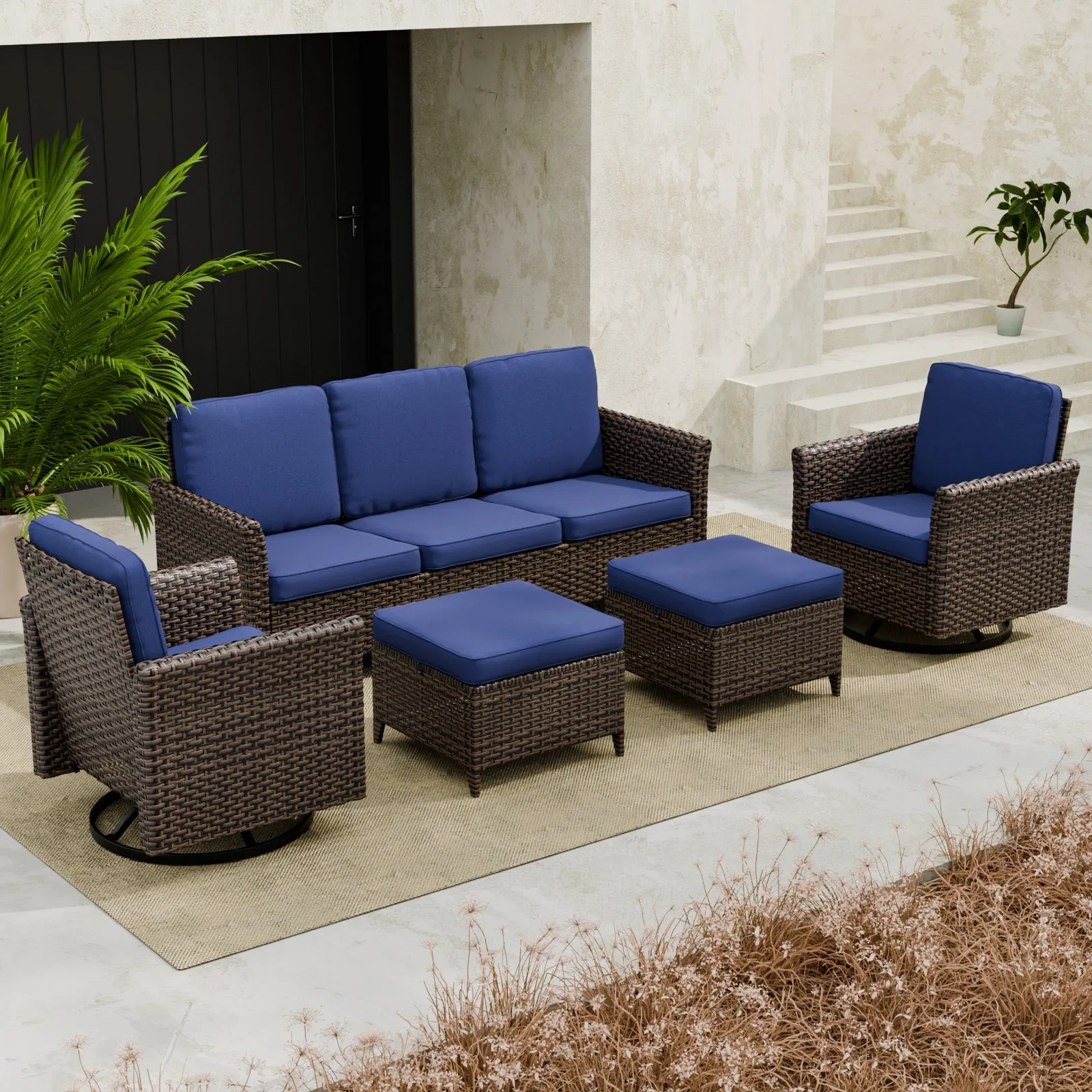 Ocean Vista Wicker Outdoor Patio Furniture Set, w/ 3 Seat Sofa, Patio Chairs, 5 Piece