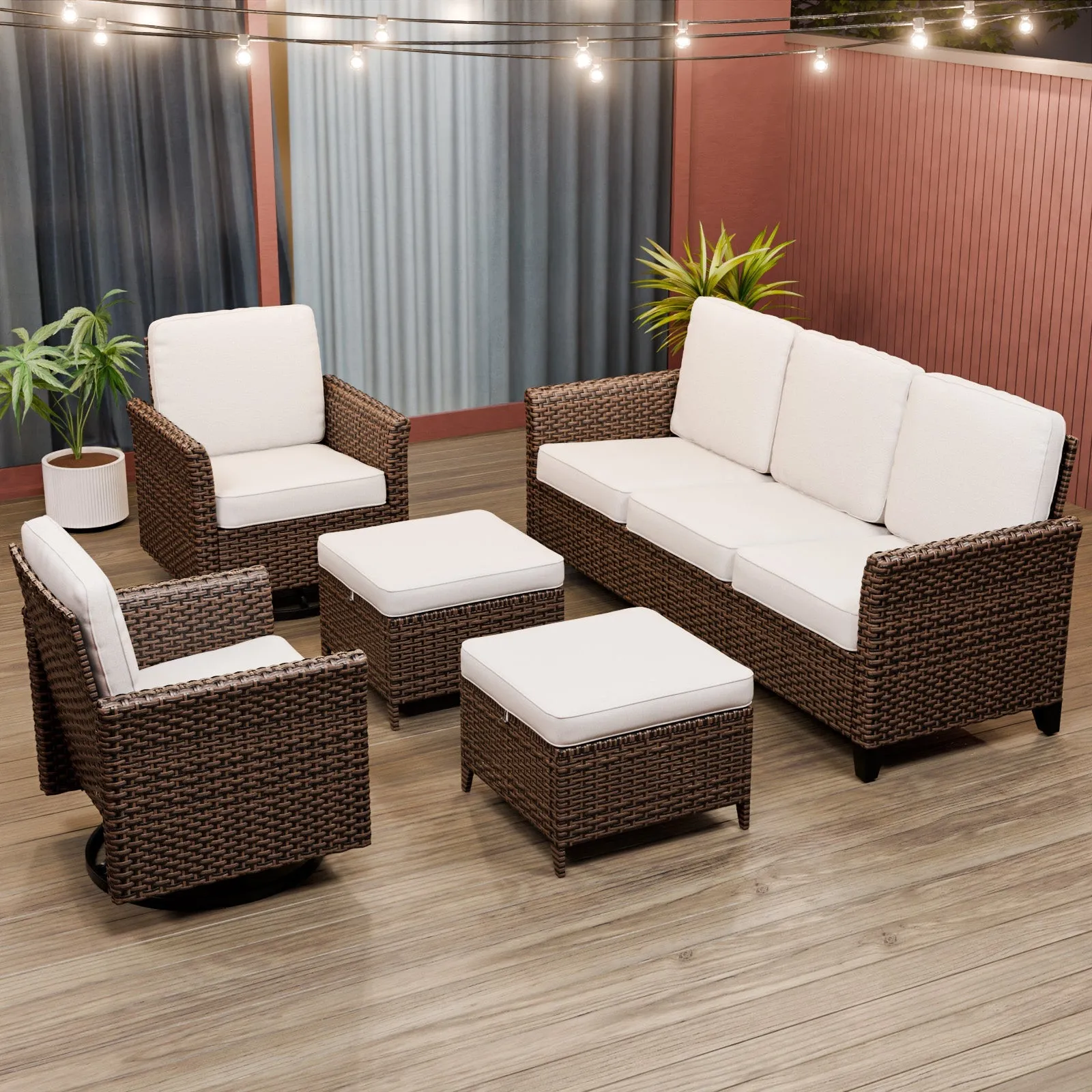 Ocean Vista Wicker Outdoor Patio Furniture Set, w/ 3 Seat Sofa, Patio Chairs, 5 Piece
