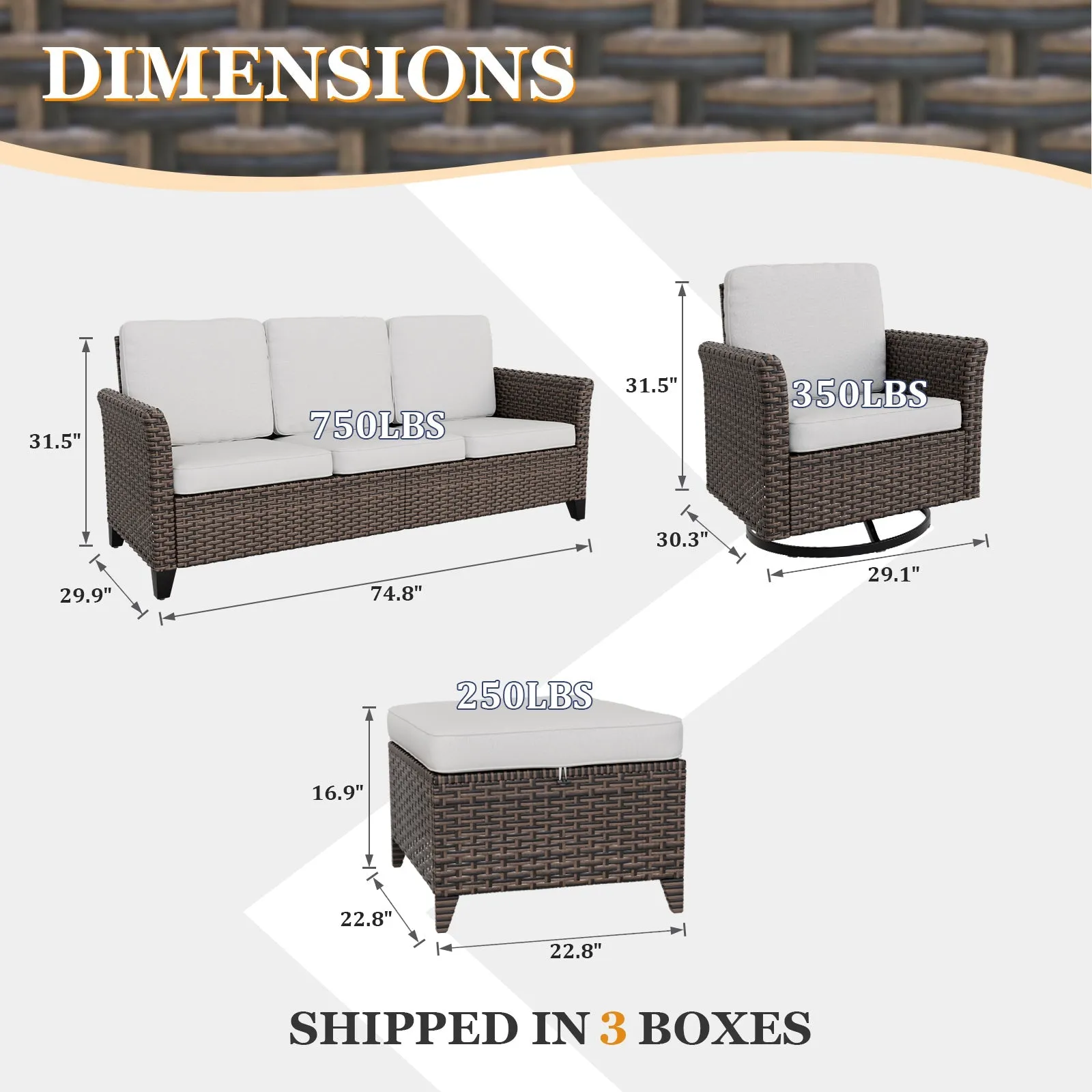Ocean Vista Wicker Outdoor Patio Furniture Set, w/ 3 Seat Sofa, Patio Chairs, 5 Piece