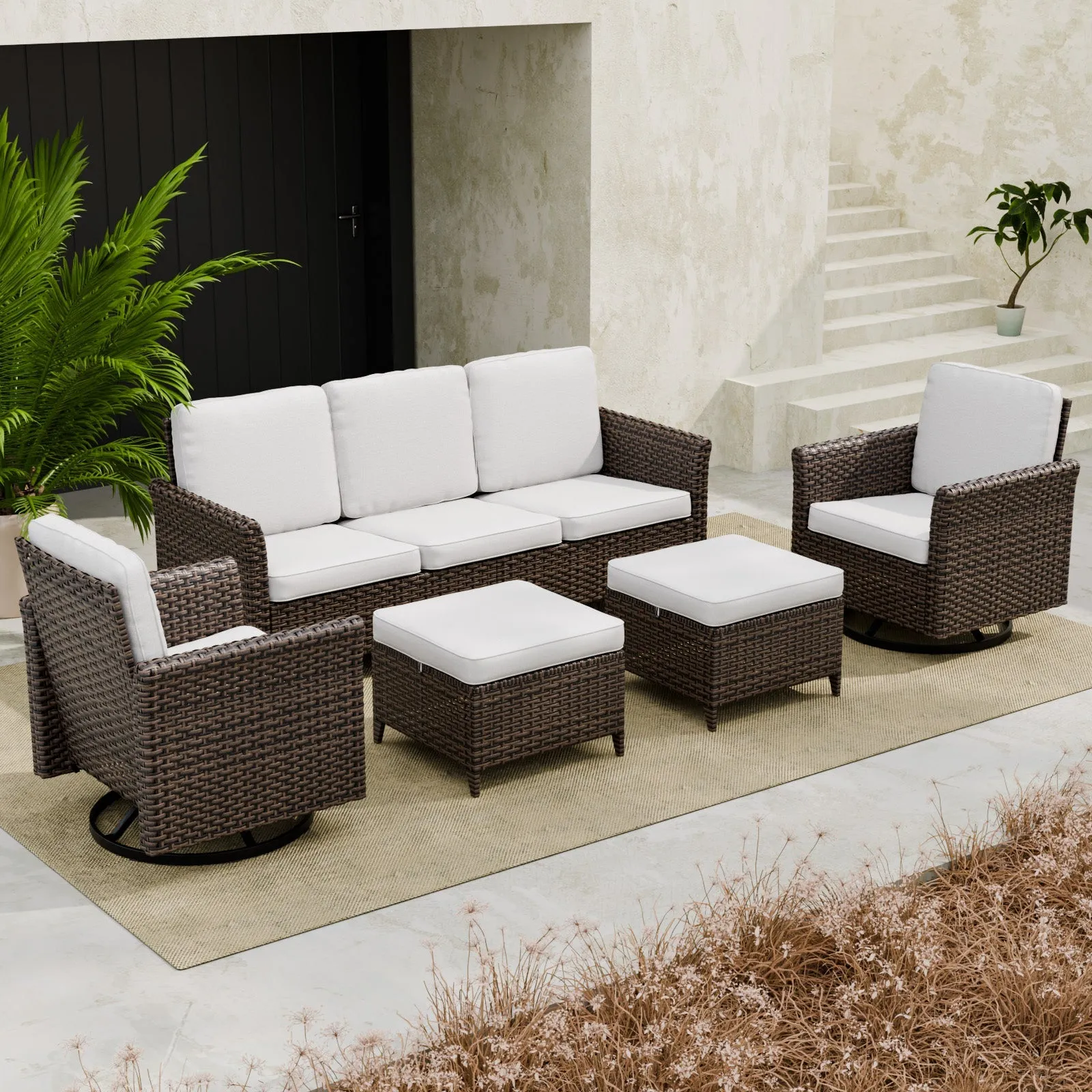 Ocean Vista Wicker Outdoor Patio Furniture Set, w/ 3 Seat Sofa, Patio Chairs, 5 Piece