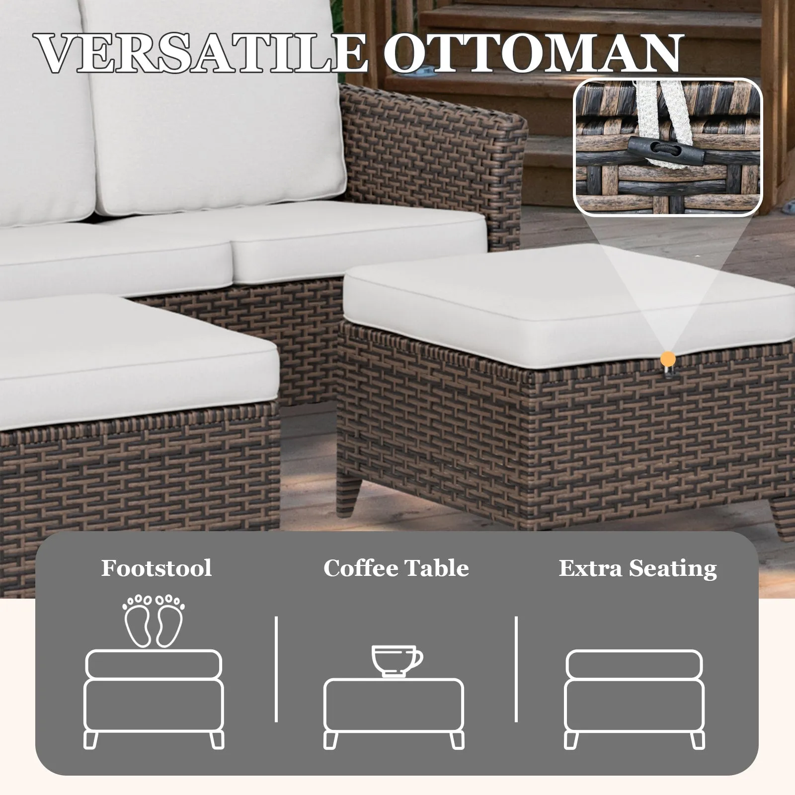 Ocean Vista Wicker Outdoor Patio Furniture Set, w/ 3 Seat Sofa, Patio Chairs, 5 Piece