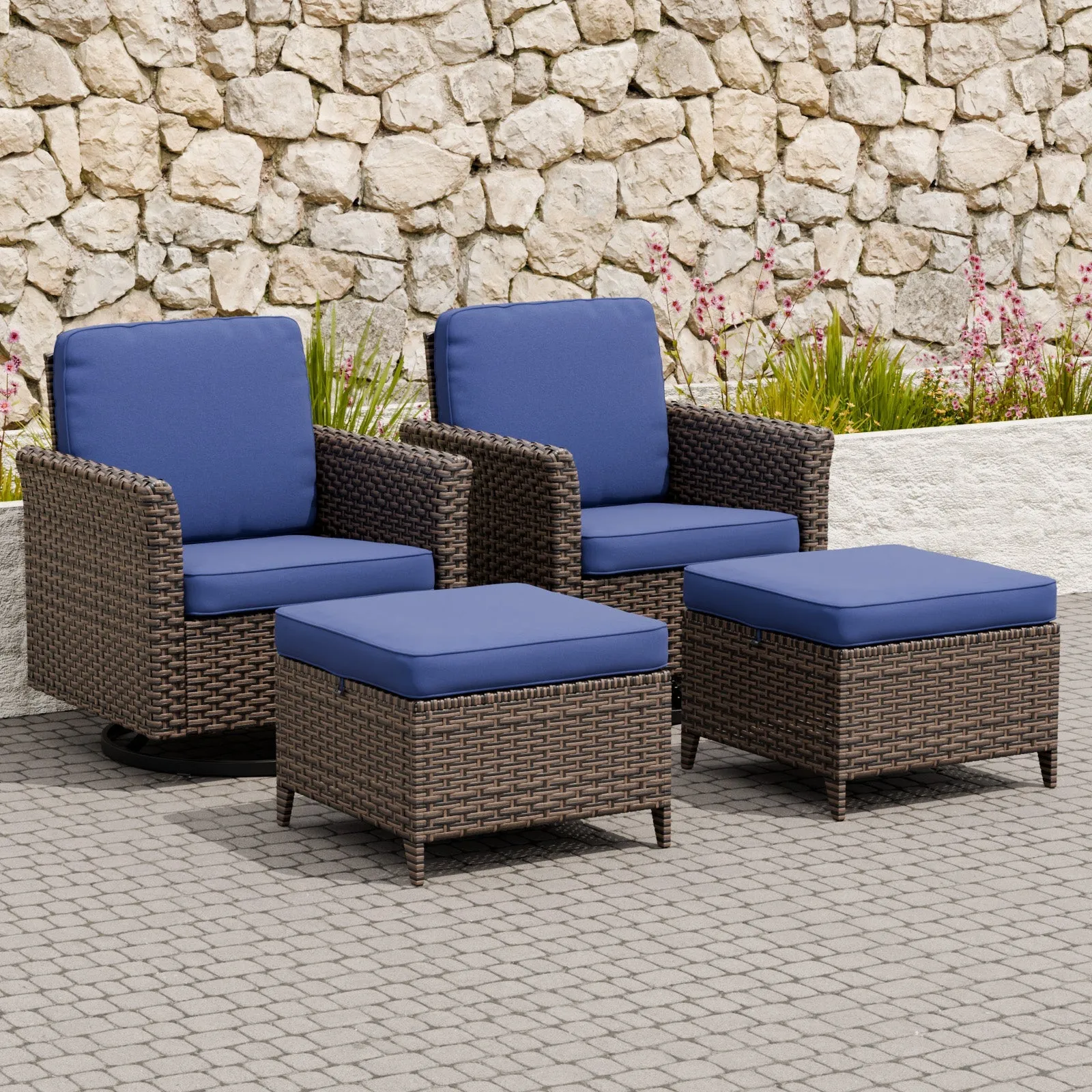 Ocean Vista Wicker Outdoor Patio Seating Set w/ Swivel Rocking Chairs, 4 Pieces
