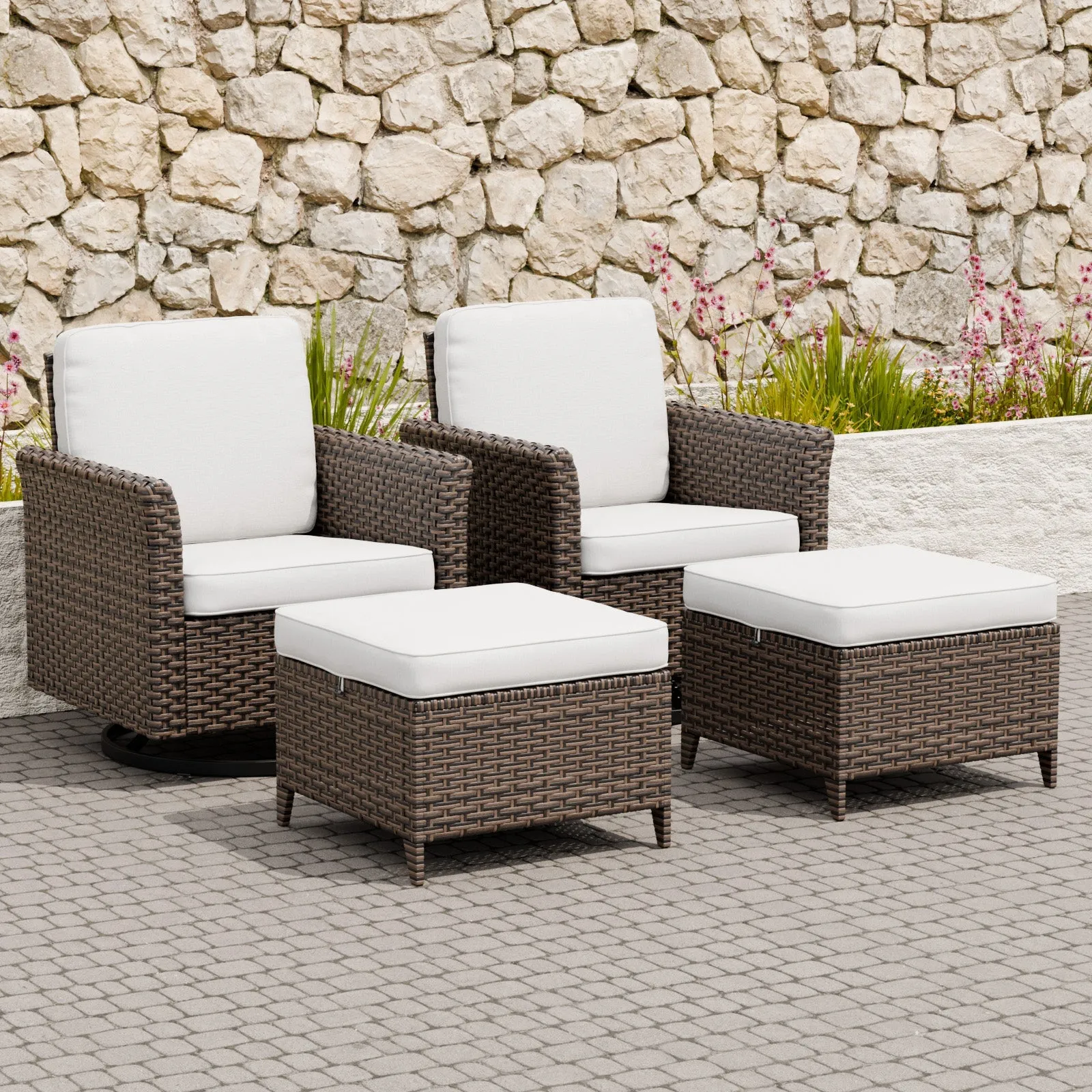 Ocean Vista Wicker Outdoor Patio Seating Set w/ Swivel Rocking Chairs, 4 Pieces