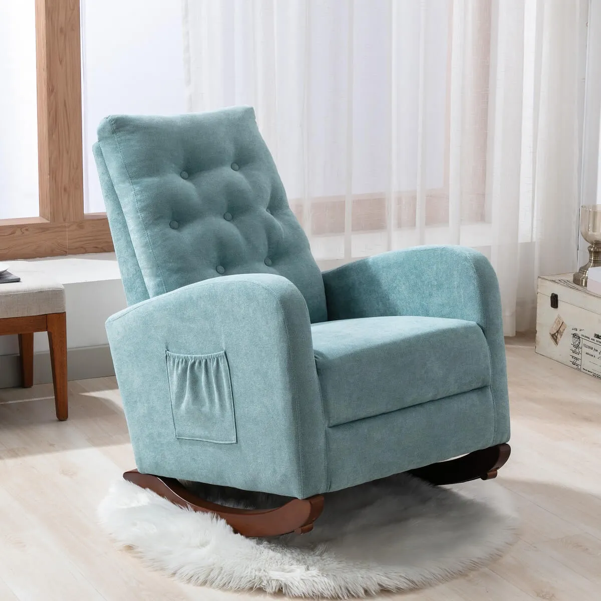 Rocking Chair High Back Mid Century Accent Upholstered Armchair Chair Fabric Padded Seat Indoor Nursery Chair, Light Blue
