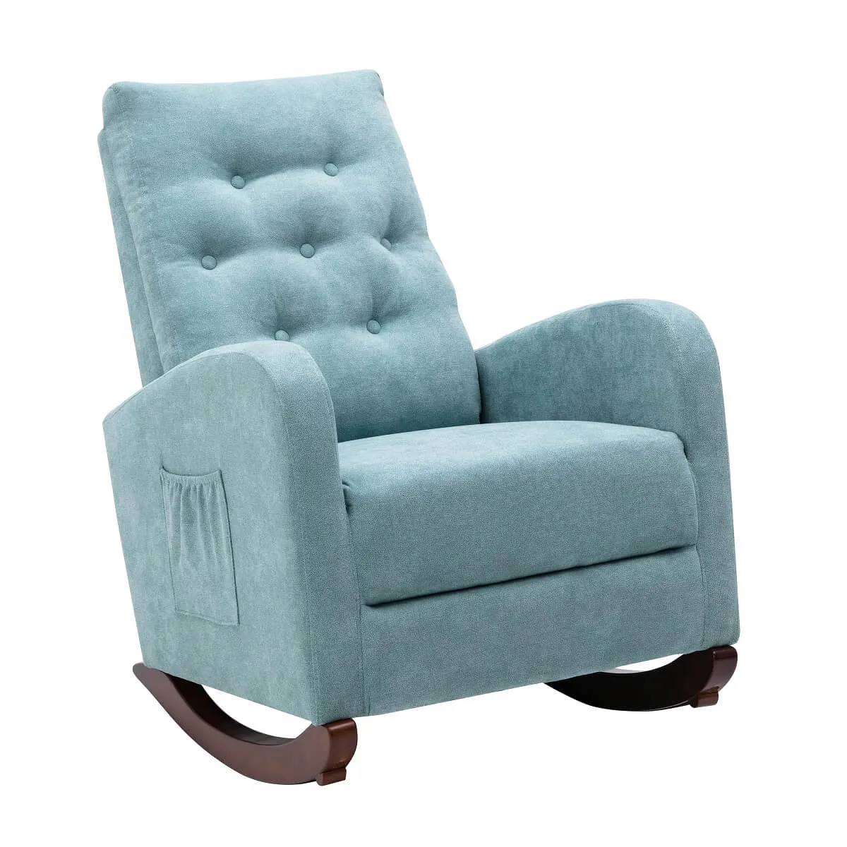 Rocking Chair High Back Mid Century Accent Upholstered Armchair Chair Fabric Padded Seat Indoor Nursery Chair, Light Blue