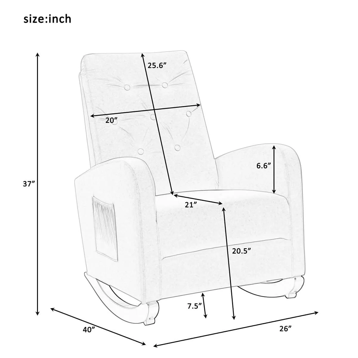 Rocking Chair High Back Mid Century Accent Upholstered Armchair Chair Fabric Padded Seat Indoor Nursery Chair, Light Blue