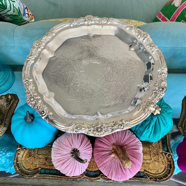 Silverplate Tray Round Scrolled - Engraved on Back