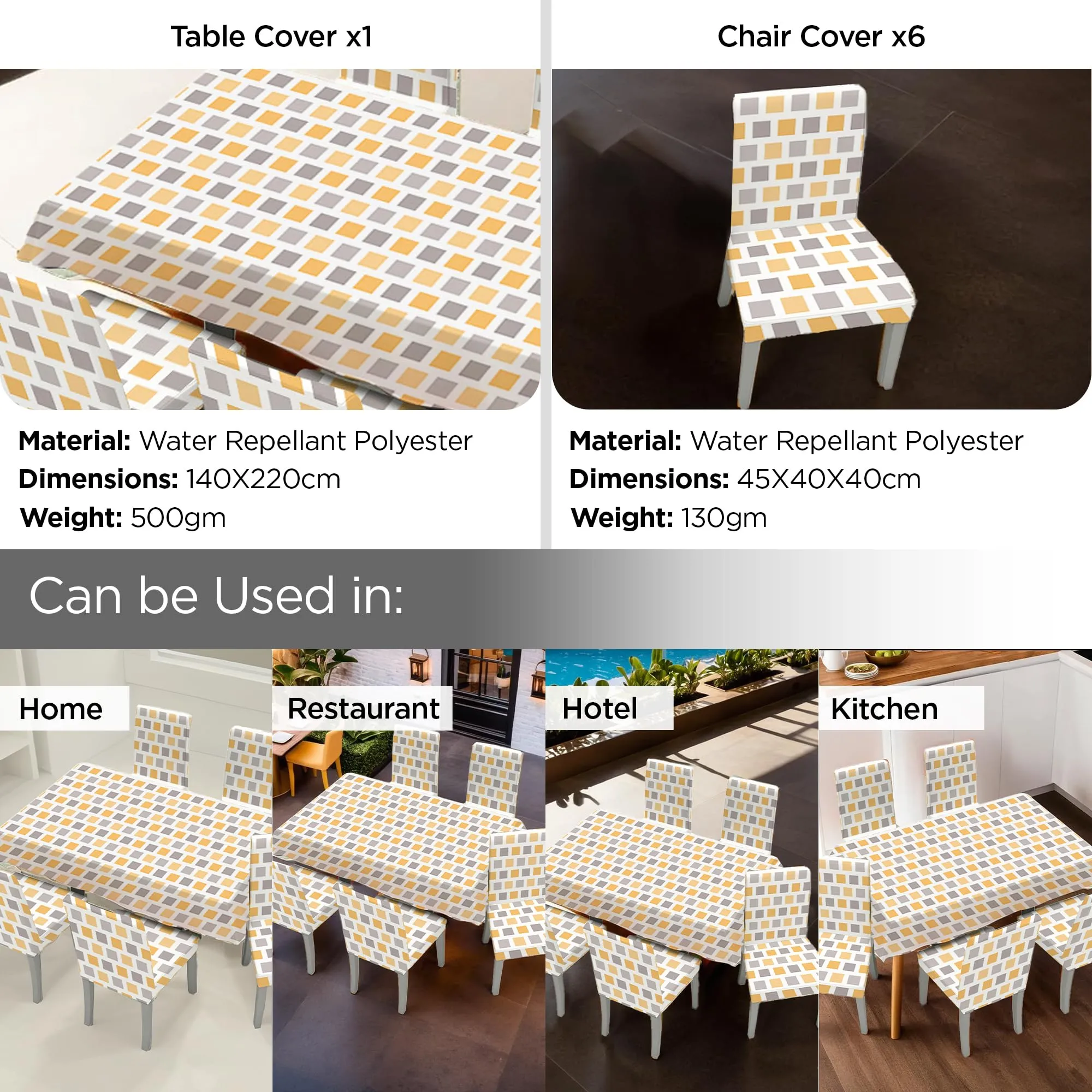 UMAI Dining Table Cloth | Dining Table Cover 6 Seater Cover Set | Water Proof Cloth Dust and Oil Repellent Washable | 6 Chairs 1 Table Cover| Trellis Pattern Grey & Yellow