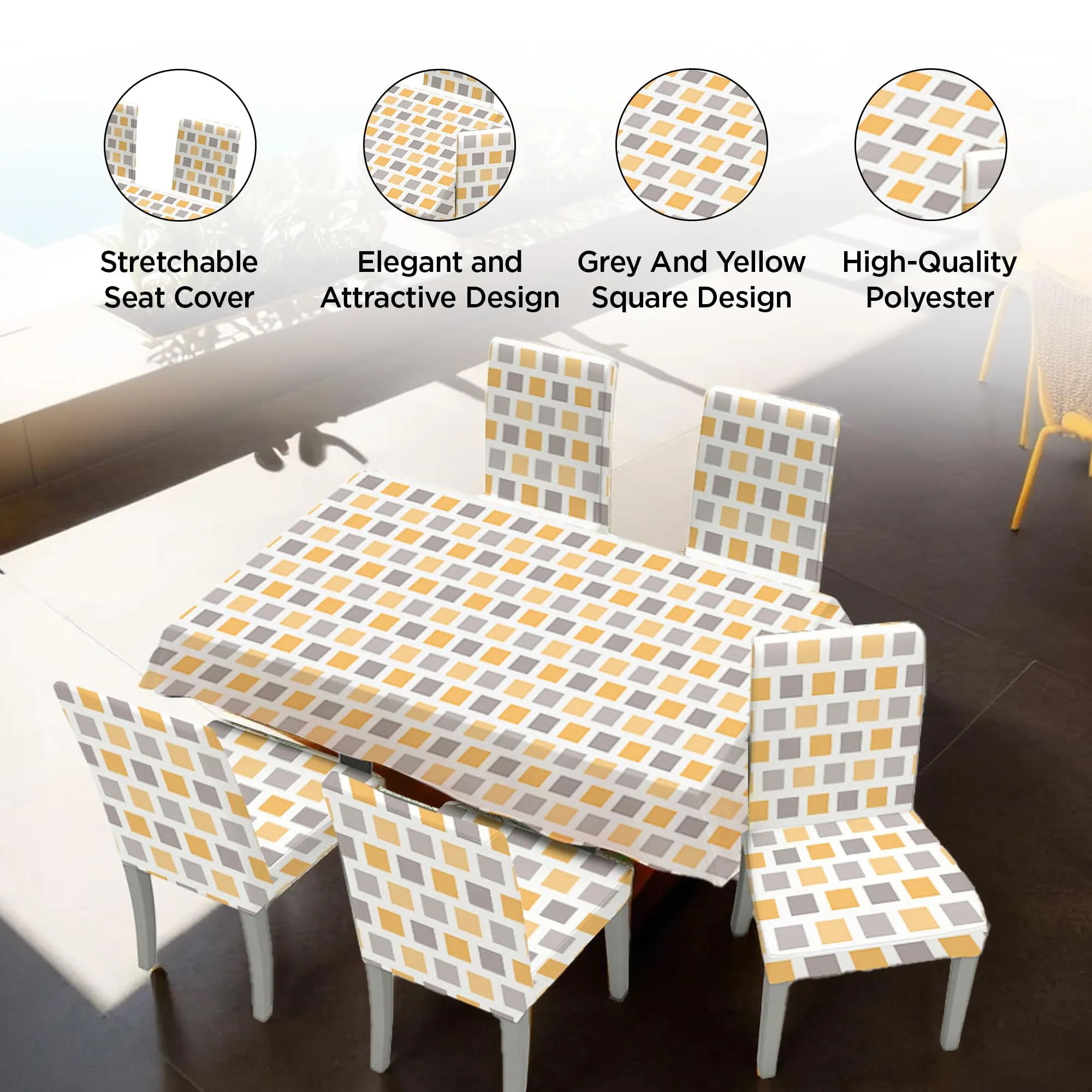UMAI Dining Table Cloth | Dining Table Cover 6 Seater Cover Set | Water Proof Cloth Dust and Oil Repellent Washable | 6 Chairs 1 Table Cover| Trellis Pattern Grey & Yellow