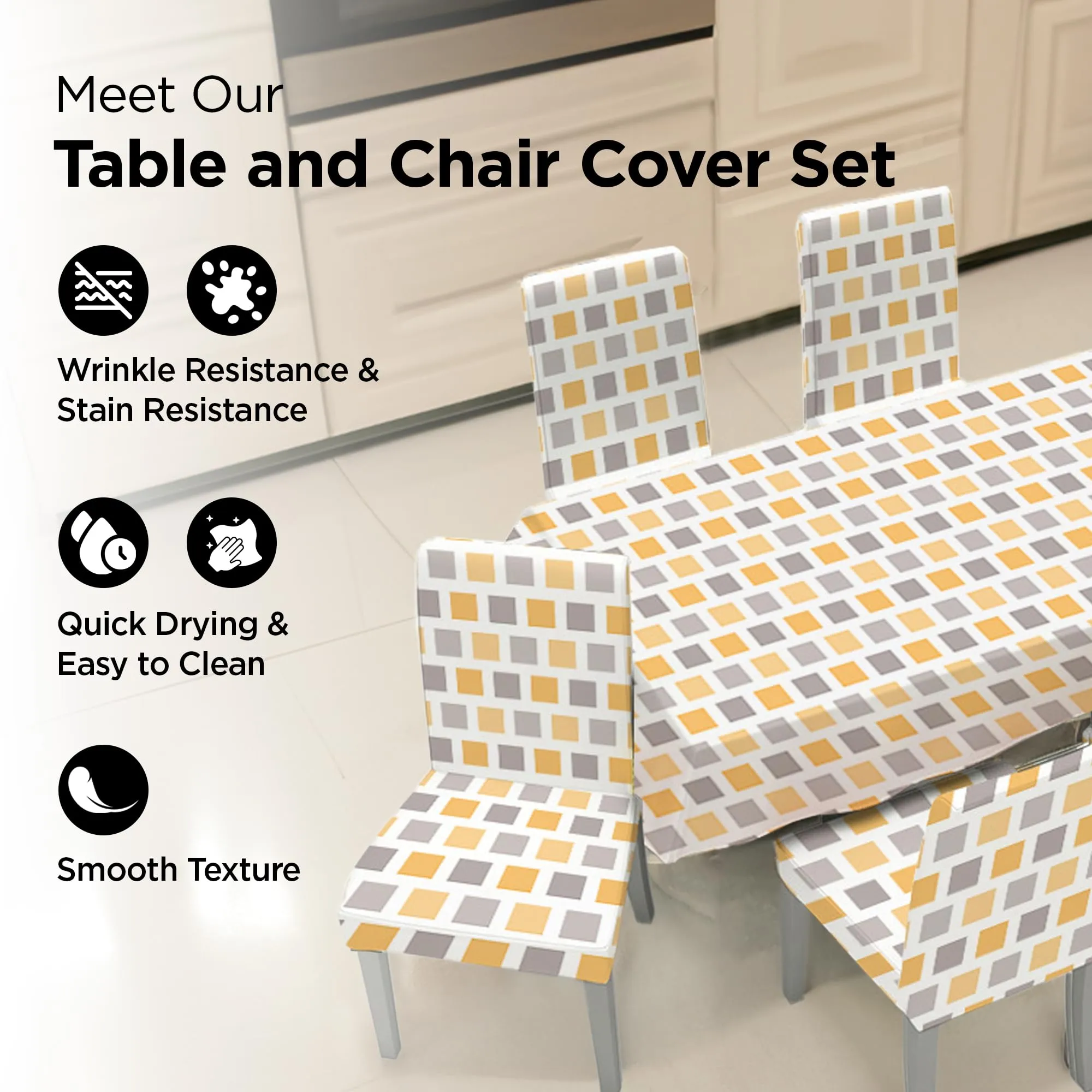 UMAI Dining Table Cloth | Dining Table Cover 6 Seater Cover Set | Water Proof Cloth Dust and Oil Repellent Washable | 6 Chairs 1 Table Cover| Trellis Pattern Grey & Yellow