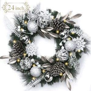valiant Valery Madelyn 6 ft Pre-Lit Christmas Garland Silver Blue Lighted Garland with Bow & Blue Flower & Colorful Ornament Perfect Xmas Holiday Gift for Front Door Mantel Table Top Decoration Silver White Wreath